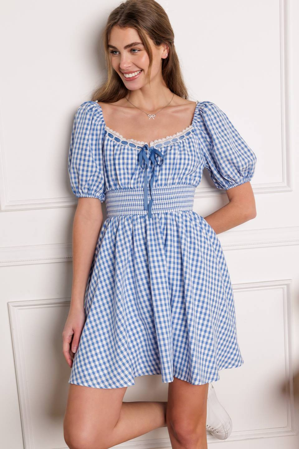 Kansas Skies Blue Gingham Mini Dress - Floral Print Summer Dress for Women | Perfect for Picnics, Beach Outings & Date Nights