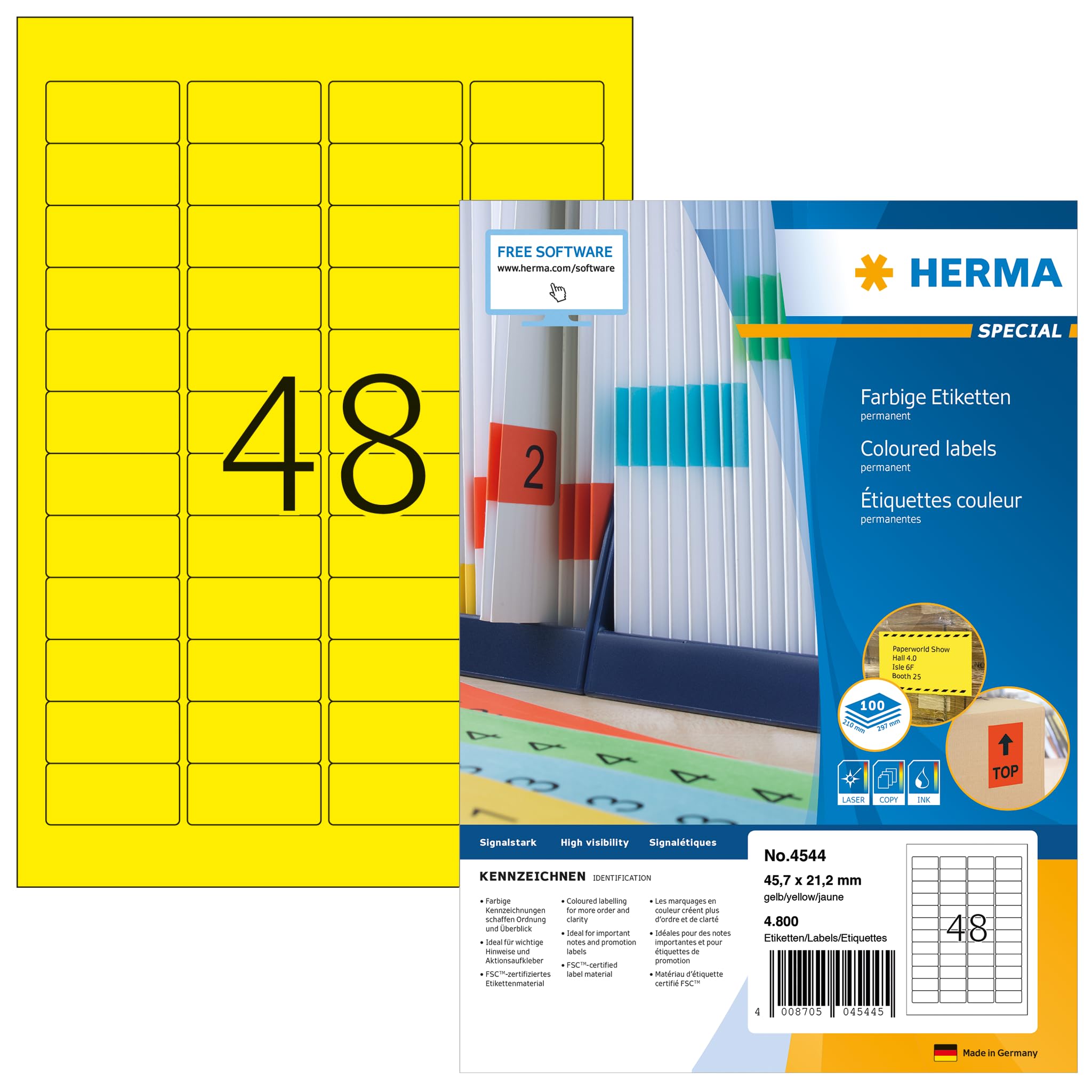 HERMA 4544 Self Adhesive Colored Labels - 48 Labels per A4 Sheet, 1400 Sheets (67,200 Total), 45.7 x 21.2 mm Blank Yellow Stickers for Laser & Inkjet Printers - Perfect for Office Organization, Shipping Labels & Product Packaging
