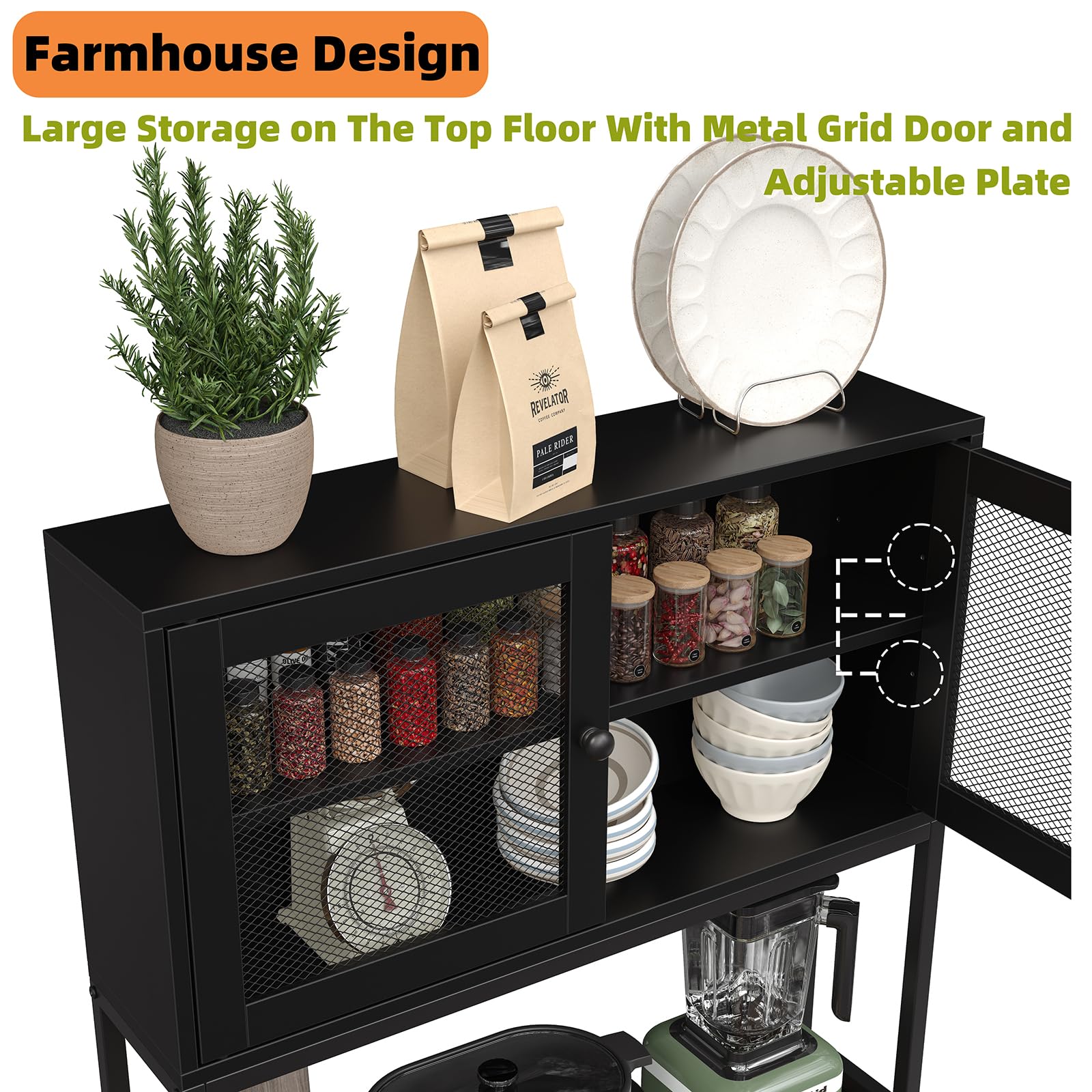 Furniouse 6-Tier Metal Kitchen Bakers Rack with Power Outlet & Shelves - Industrial Microwave Stand, Spice Storage Cabinet - Heavy Duty Utility Shelf for Small Kitchen, Pantry Organization (Black) - Perfect for Baking, Cooking & Kitchen Storage