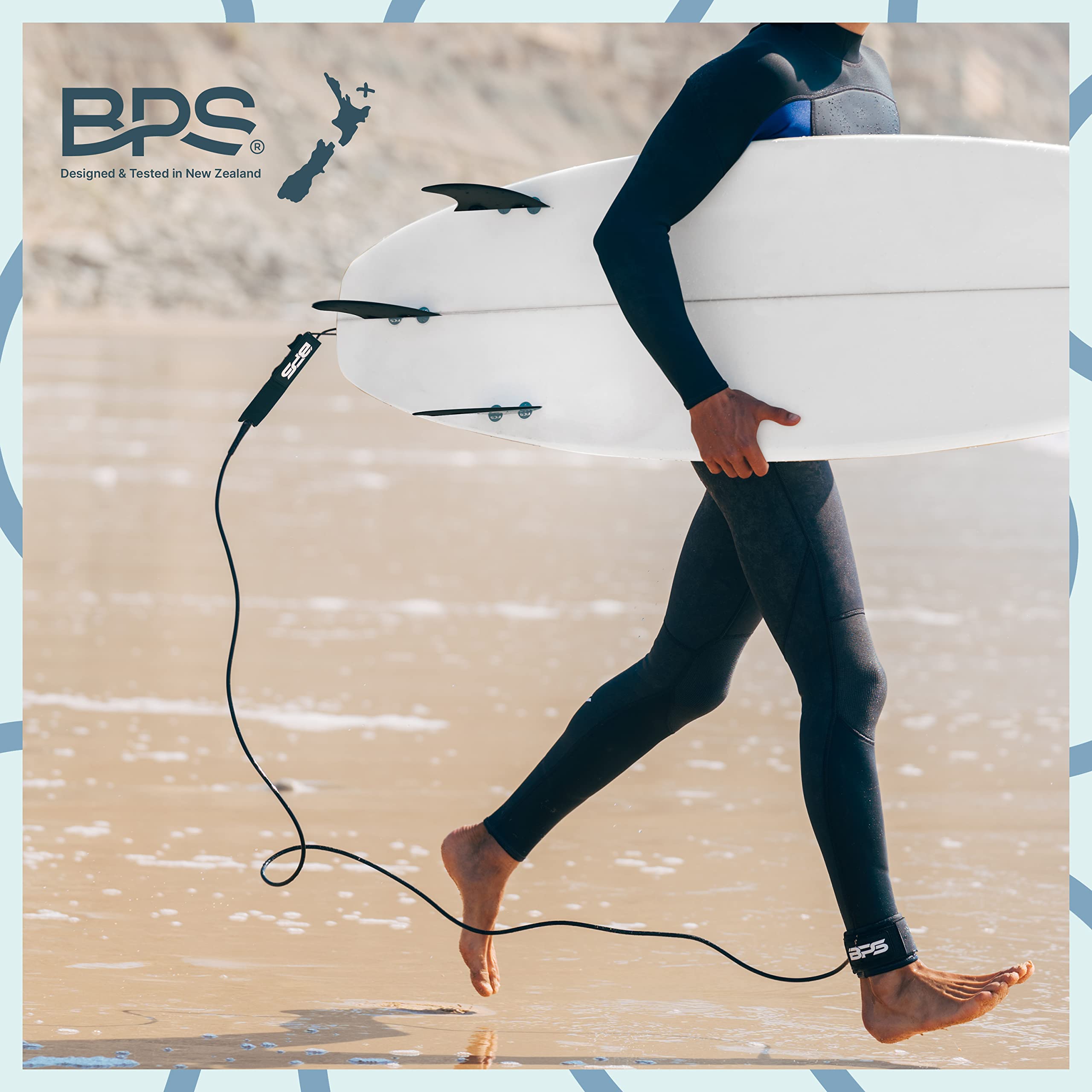 Premium BPS New Zealand 'Storm' Surfboard Leash - 7.2mm & 8mm Thickness Options, 6ft to 10ft Lengths (6/7/8/9/10 ft) - Durable Leg Rope Strap for All Surfboards - Perfect for Big Waves, Reef Breaks & Everyday Surfing