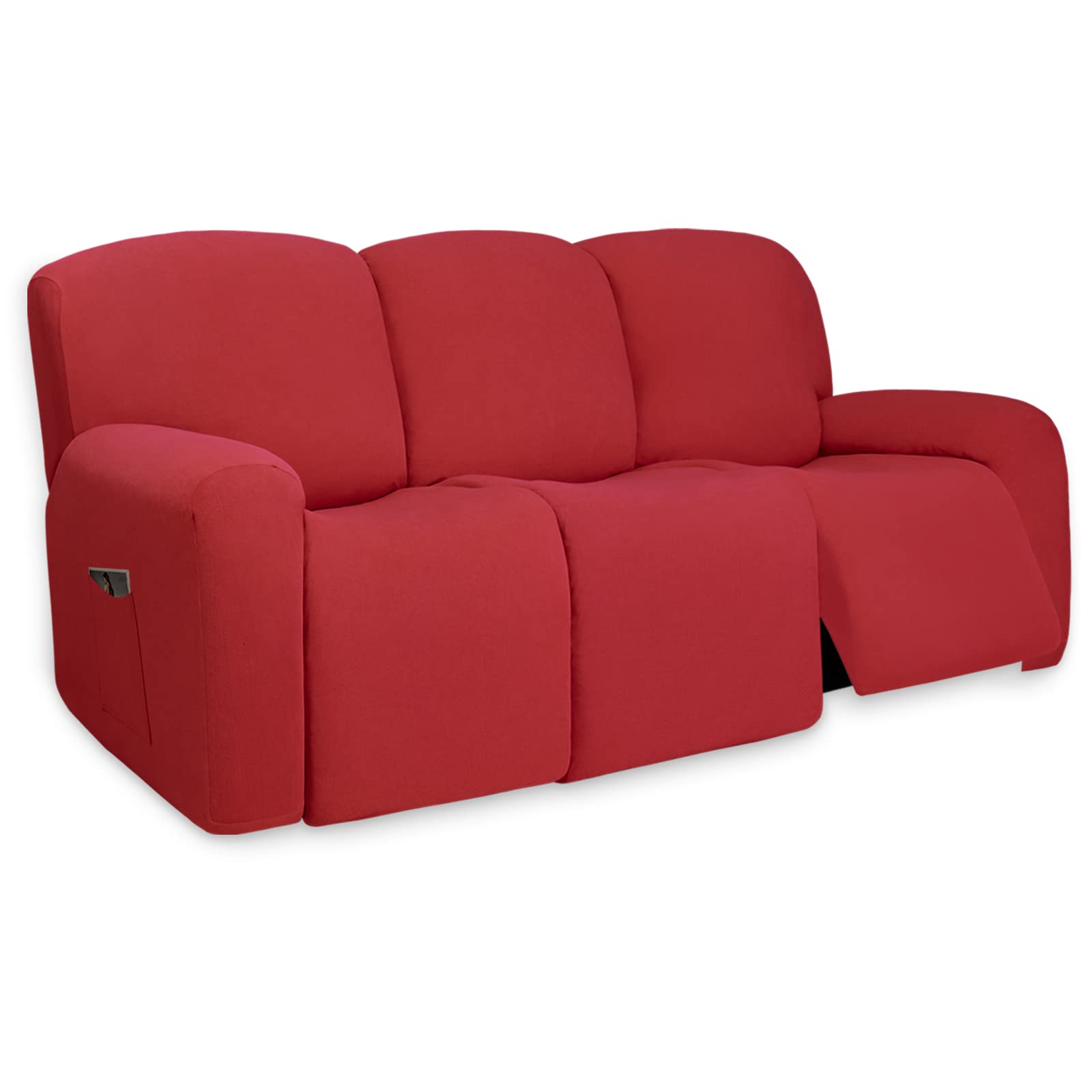 PureFit Super Stretch 3-Seater Recliner Sofa Cover with Pockets - Non-Slip Soft Washable Spandex Slipcover for Reclining Furniture Protection (Red) | Perfect for Homes with Kids & Pets, Living Room Furniture Protection