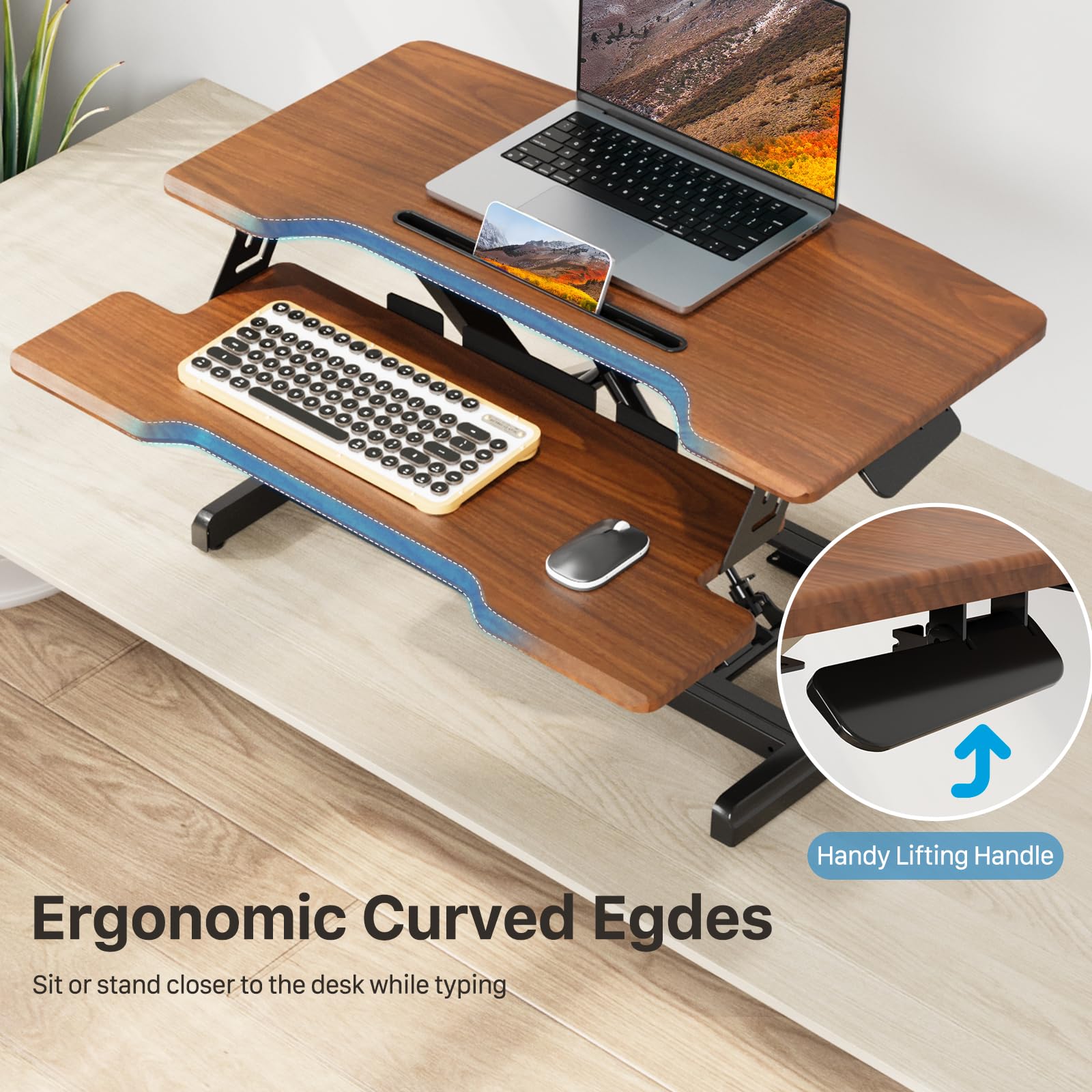 32 Inch Height Adjustable Standing Desk Converter - Sit Stand Desk Riser with Keyboard Tray for Dual Monitors | Ergonomic Home Office Workstation in Dark Wood Finish | Perfect for Remote Work & Computer Setup