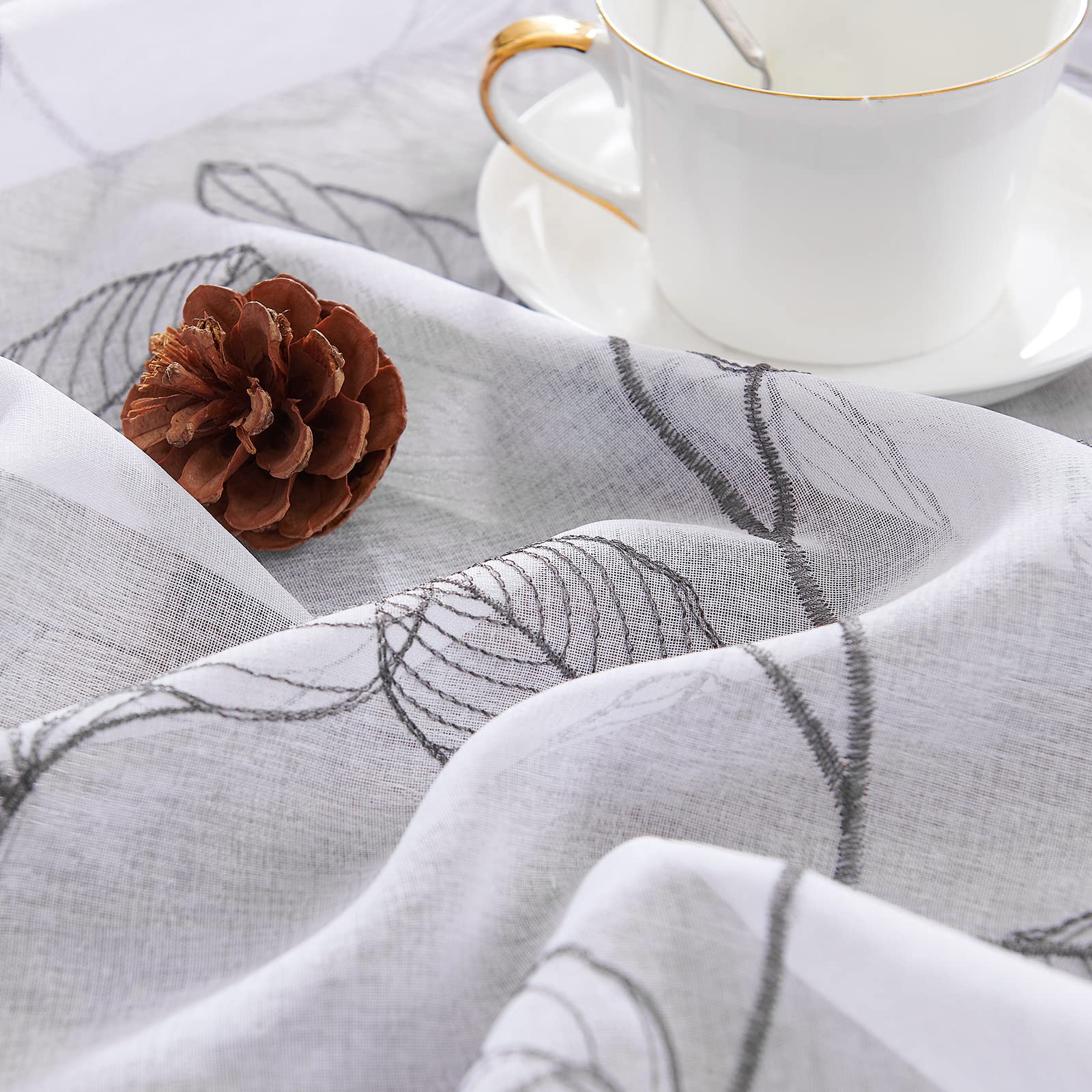 White Sheer Grey Leaf Embroidered Voile Kitchen Curtain Valance - 18 Inch Rod Pocket Farmhouse Window Treatment for Kitchen, Living Room & Bedroom
