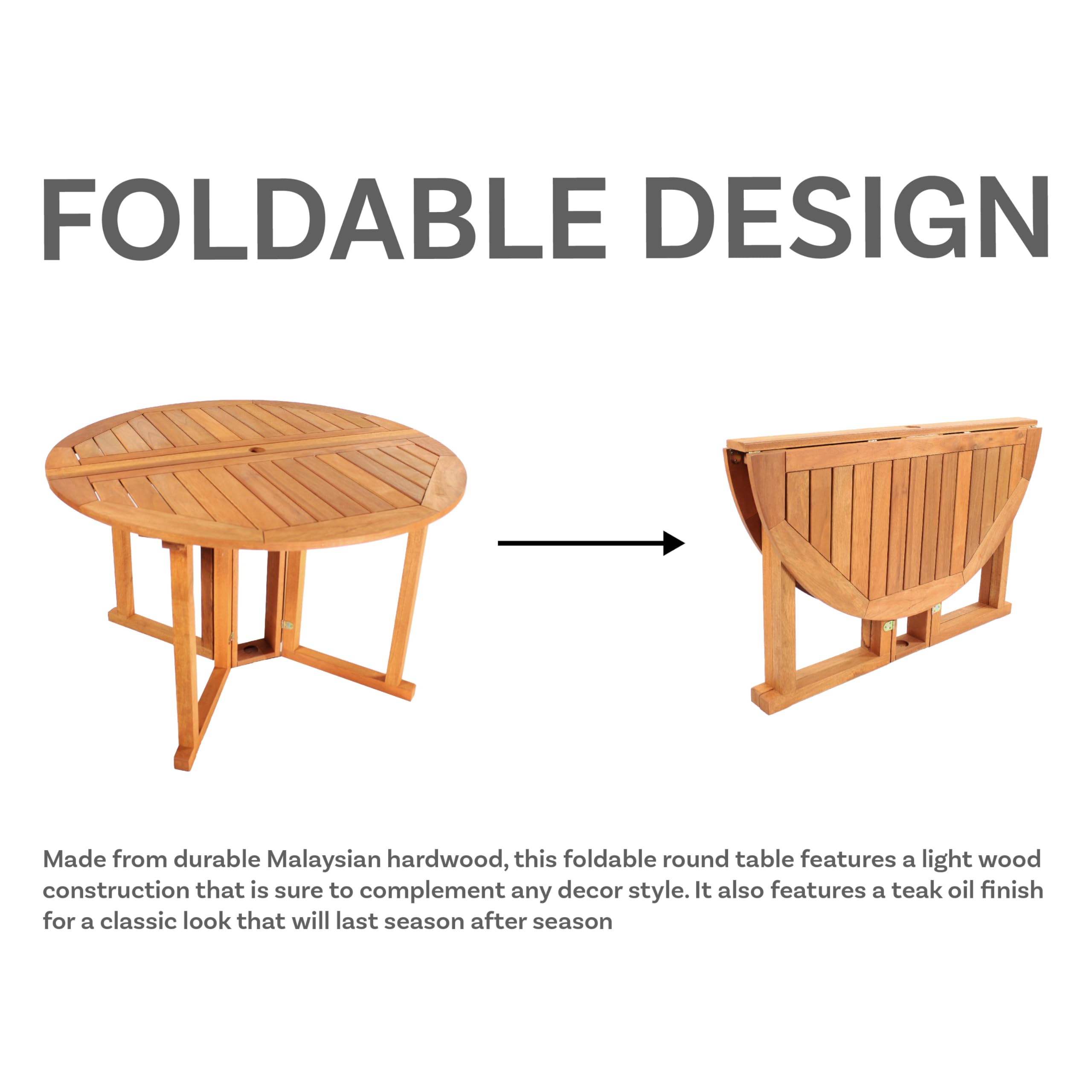Sunnydaze Malaysian Hardwood Folding Gateleg Patio Dining Table with Teak Oil Finish - 4-Person Round Outdoor Table - Space-Saving Design (47.25” Diameter x 29