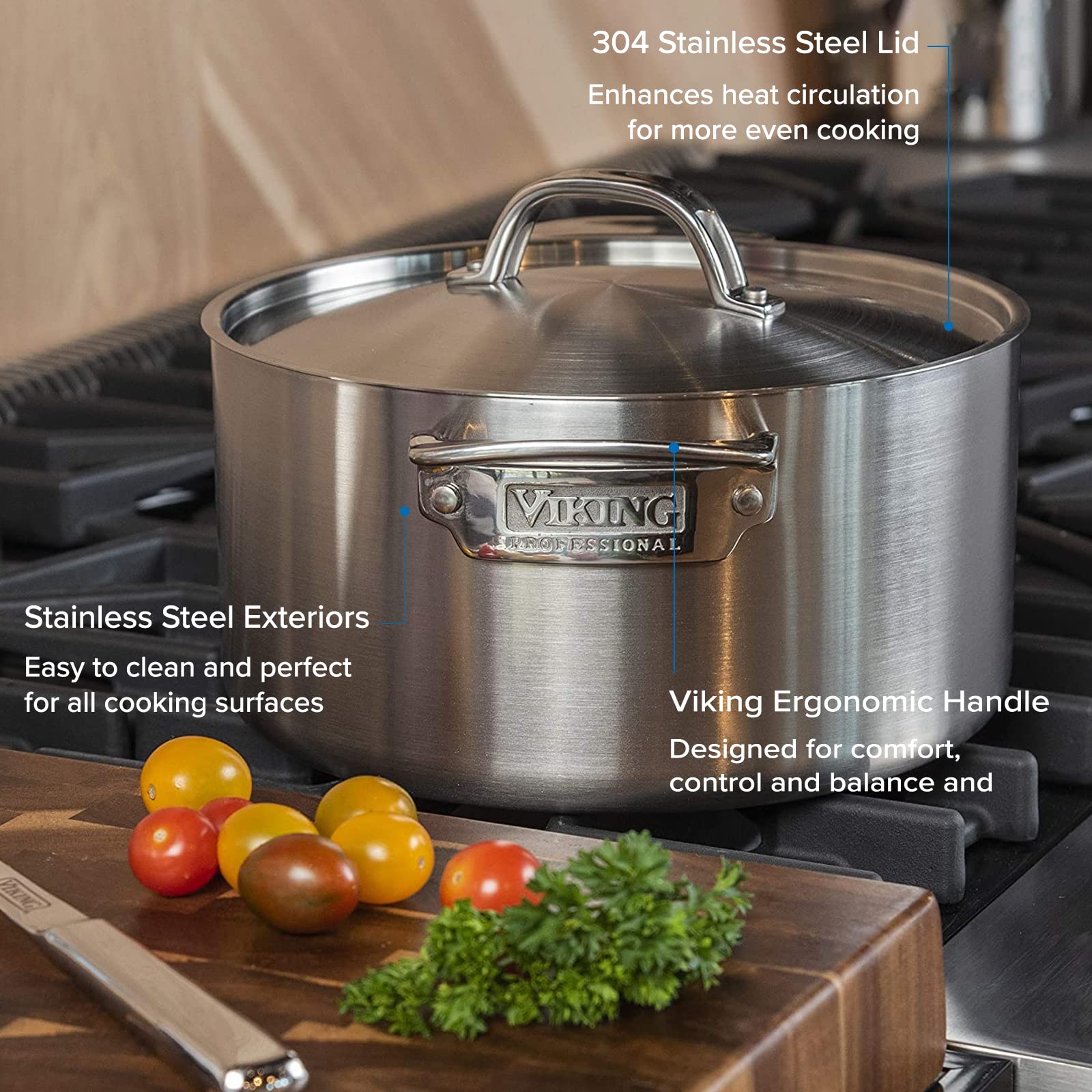Viking 5-Ply Stainless Steel Stock Pot with Lid - 6 Quart Soup Pot for Cooking, Boiling & Stewing - Professional Kitchen Cookware with Satin Finish - Perfect for Home Chefs & Restaurant Use