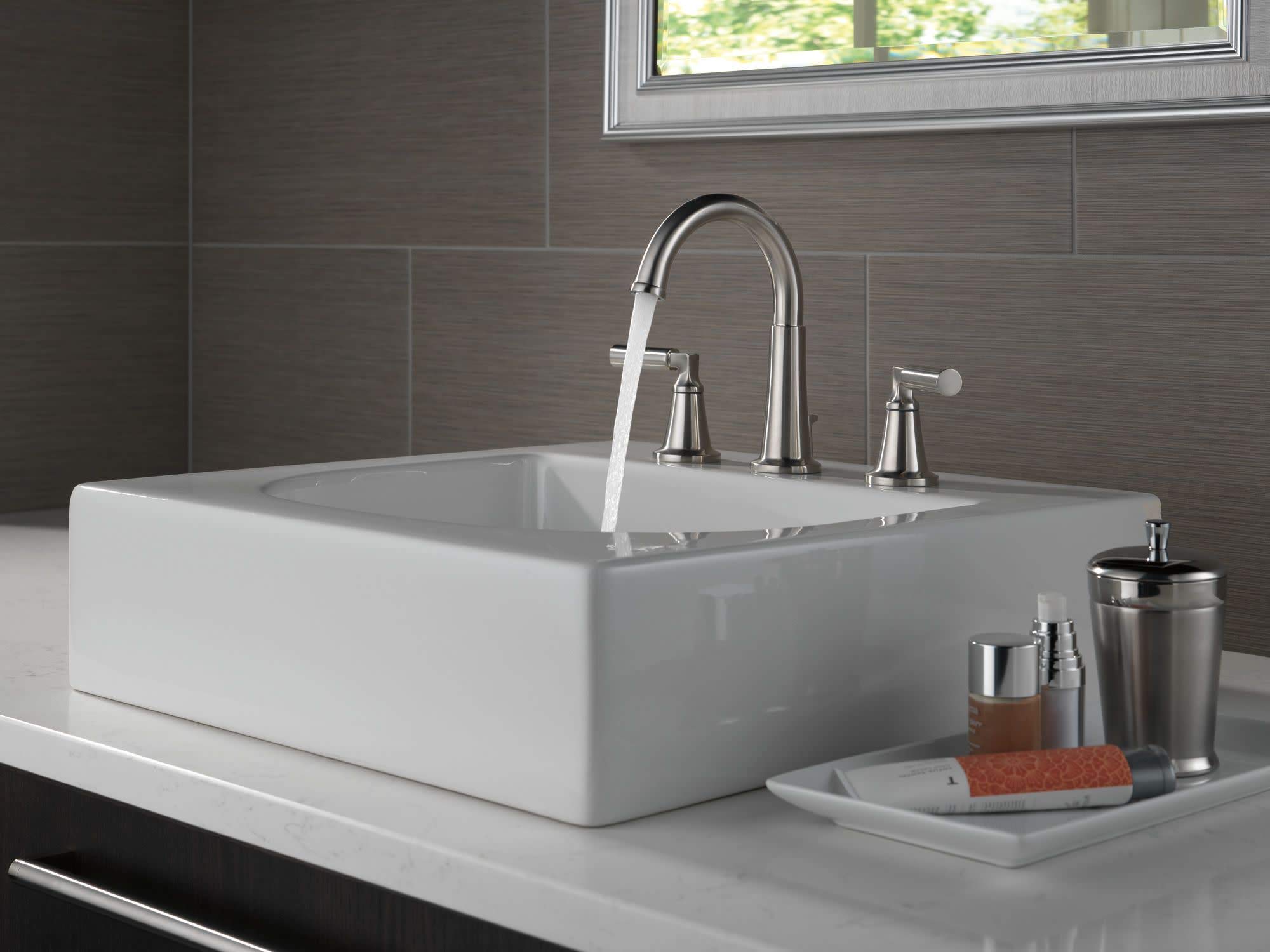 Delta 35548LF-MPU Single Handle Bathroom Sink Faucet - Modern Waterfall Spout Design for Vanity & Powder Room - Perfect for Home, Hotel, and Commercial Use