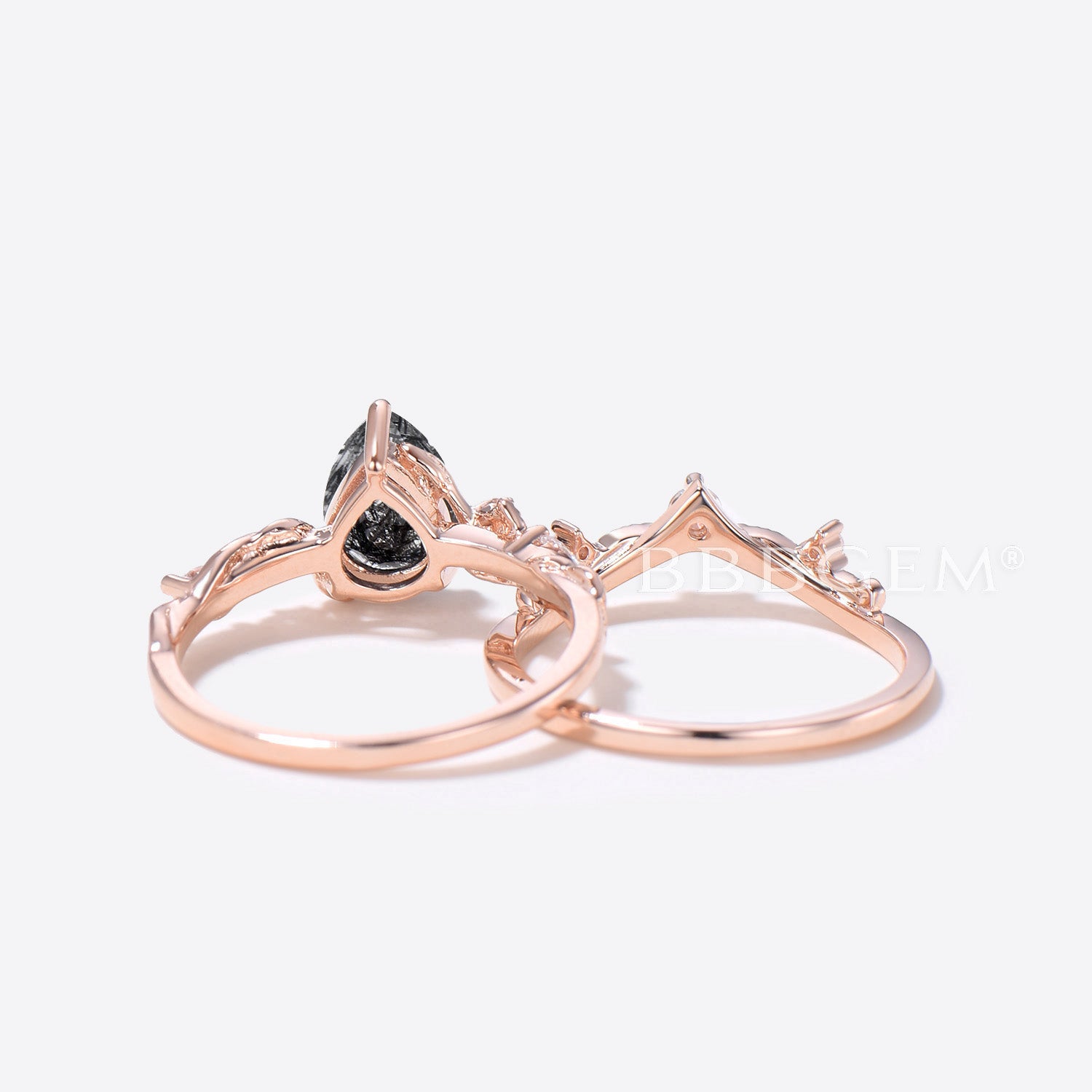 Elegant Teardrop Black Rutilated Quartz Engagement Ring - Leaf Branch Design Wedding Band for Women | Perfect for Proposals, Anniversaries & Romantic Occasions