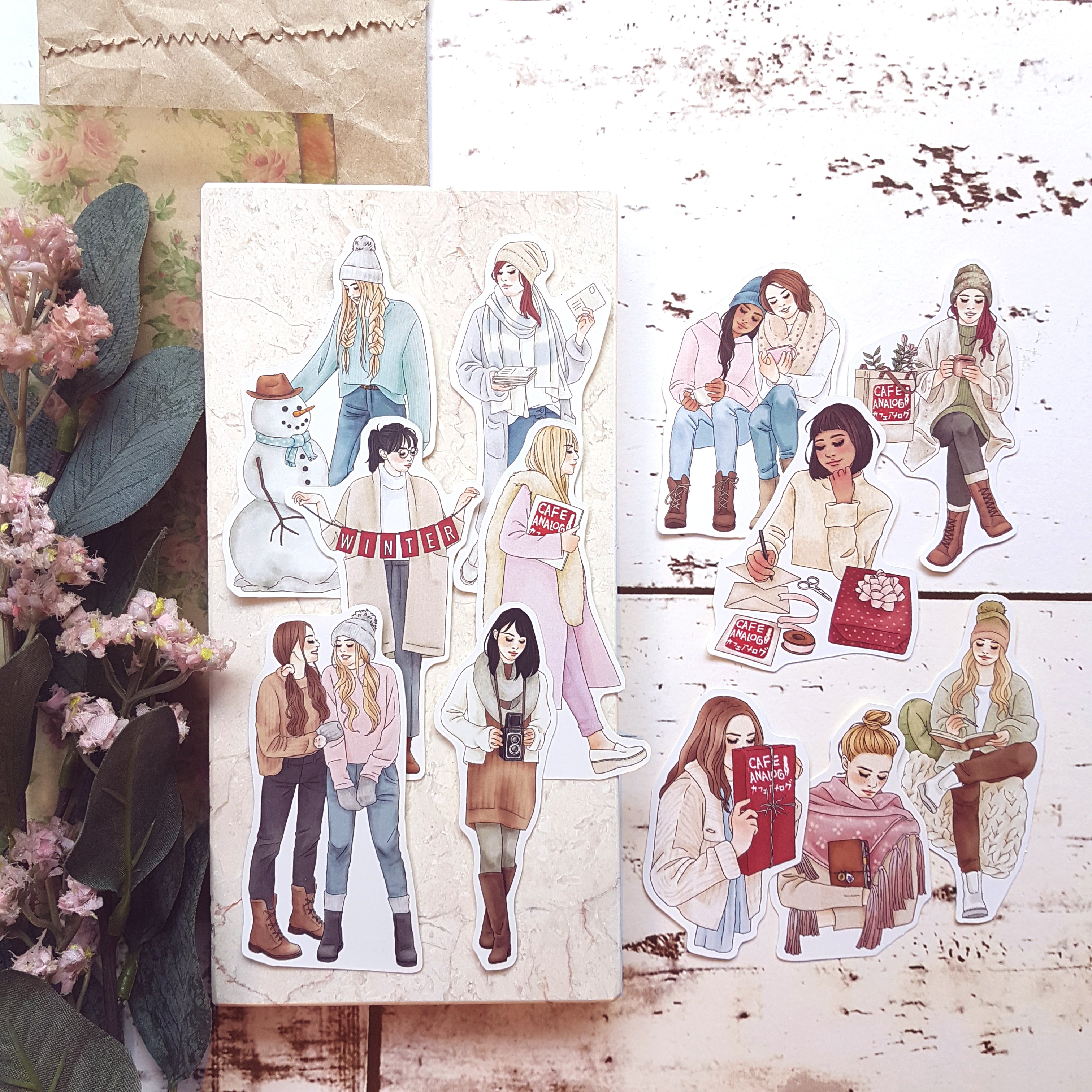Winter Joy Girls Stickers in Tin - Cafe Analog X Windry R - Cute Collectible Decals for Scrapbooking, Journals & DIY Crafts