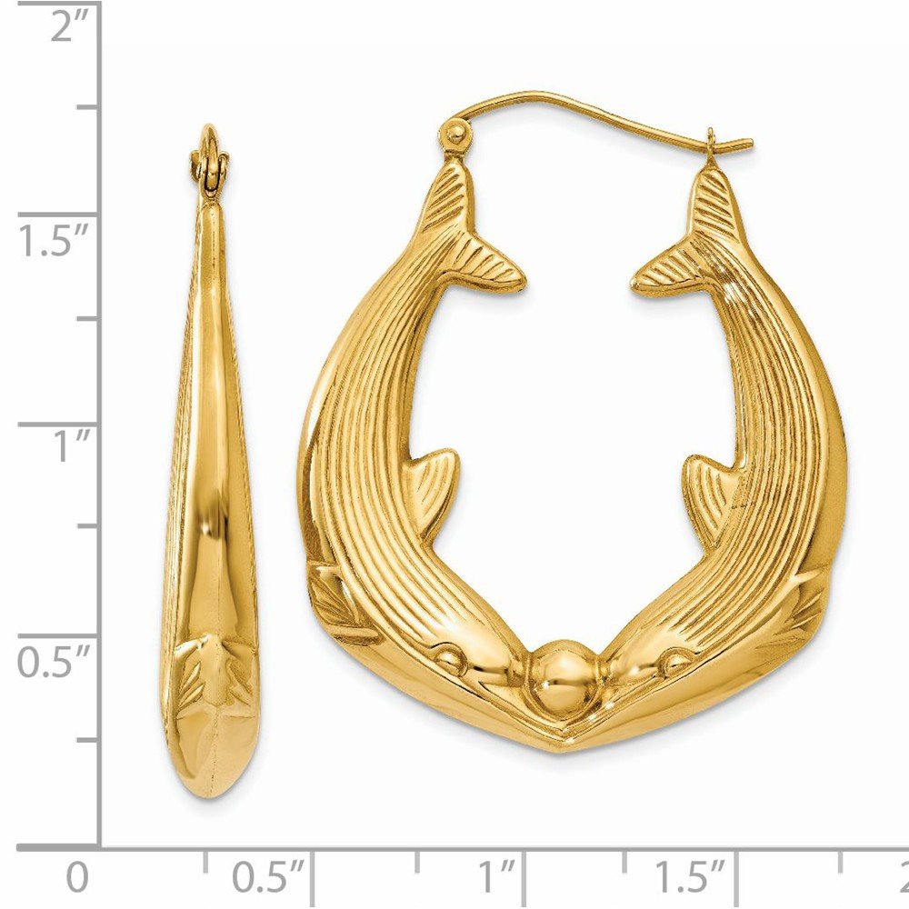 14K Yellow Gold Polished Dolphin Hoop Earrings for Women - 21mm x 6mm Dainty Marine Jewelry - Perfect for Beach Vacations, Summer Outfits & Gift Giving