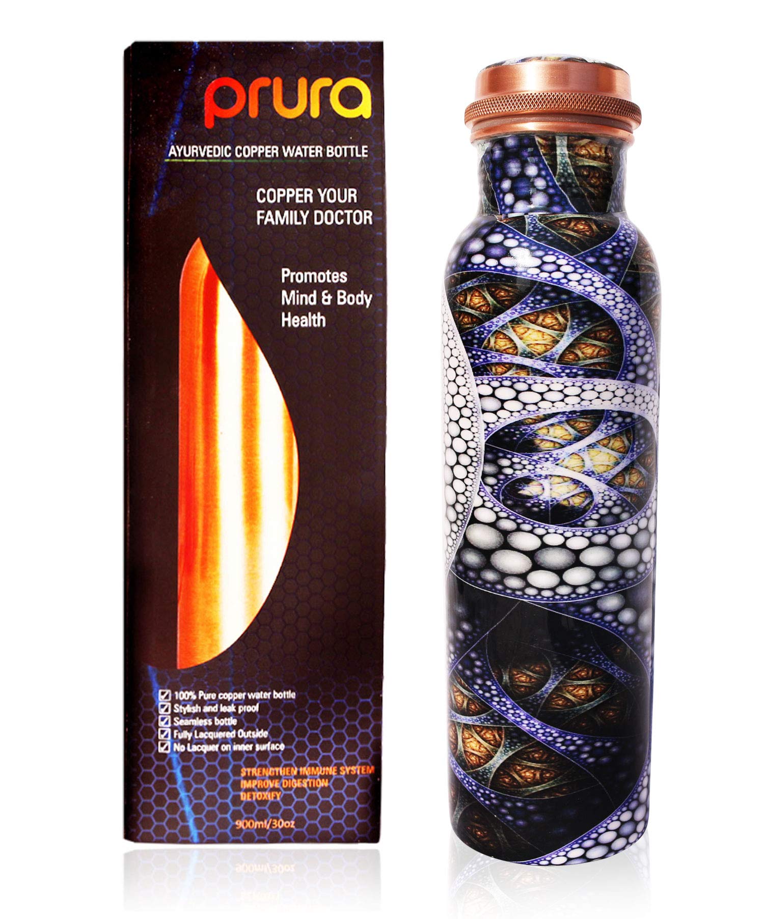 PRURA Pure Printed Copper Water Bottle - 30oz Leak Proof Ayurvedic Copper Vessel for Hydration, Sports, Gym & Outdoor Activities | Yoga Water Bottle with Health Benefits | Perfect for Workouts, Hiking & Daily Use
