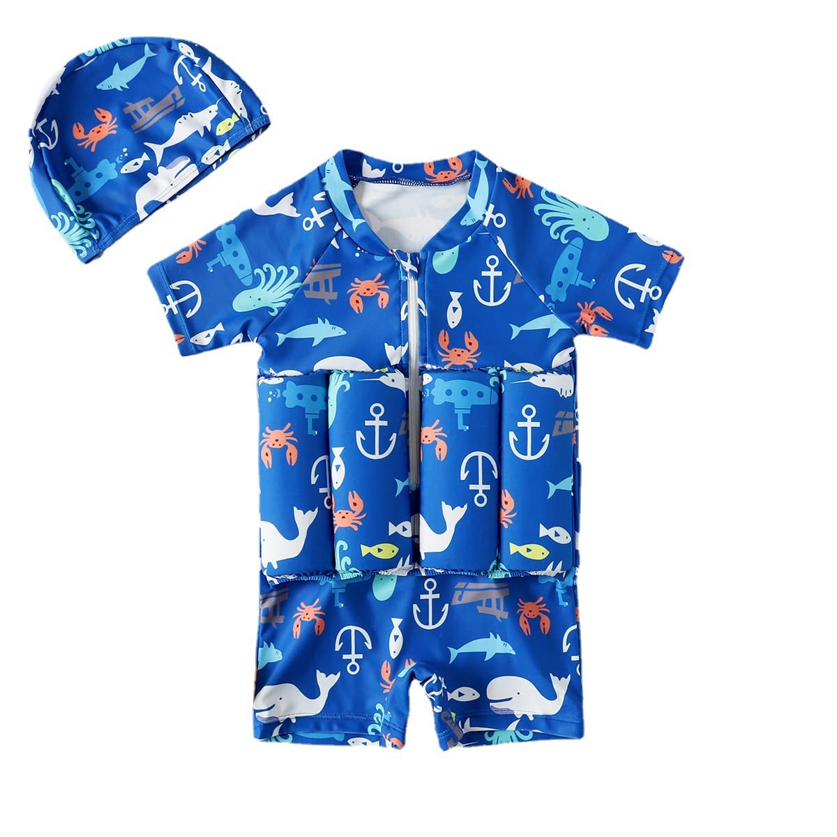 Kids Flotation Swimsuits - Baby Boys & Girls One-Piece Float Suit with Short Sleeves, Zip-Up Buoyancy Swim Vest & Cap | Safe Swimming, Pool & Beach Activities
