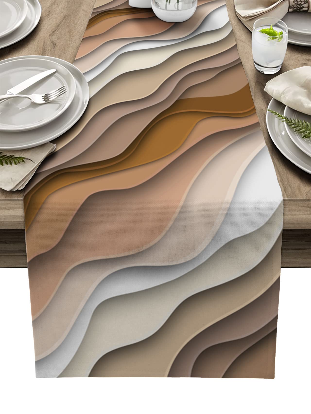 Ombre Cotton Linen Table Runner - 13x120 Inch Abstract Gradient Striped Brown Tablecloth for Dining Table, Farmhouse Kitchen Decor & Holiday Dinner Decoration | Perfect for Wedding, Party, and Home Decor Scenes