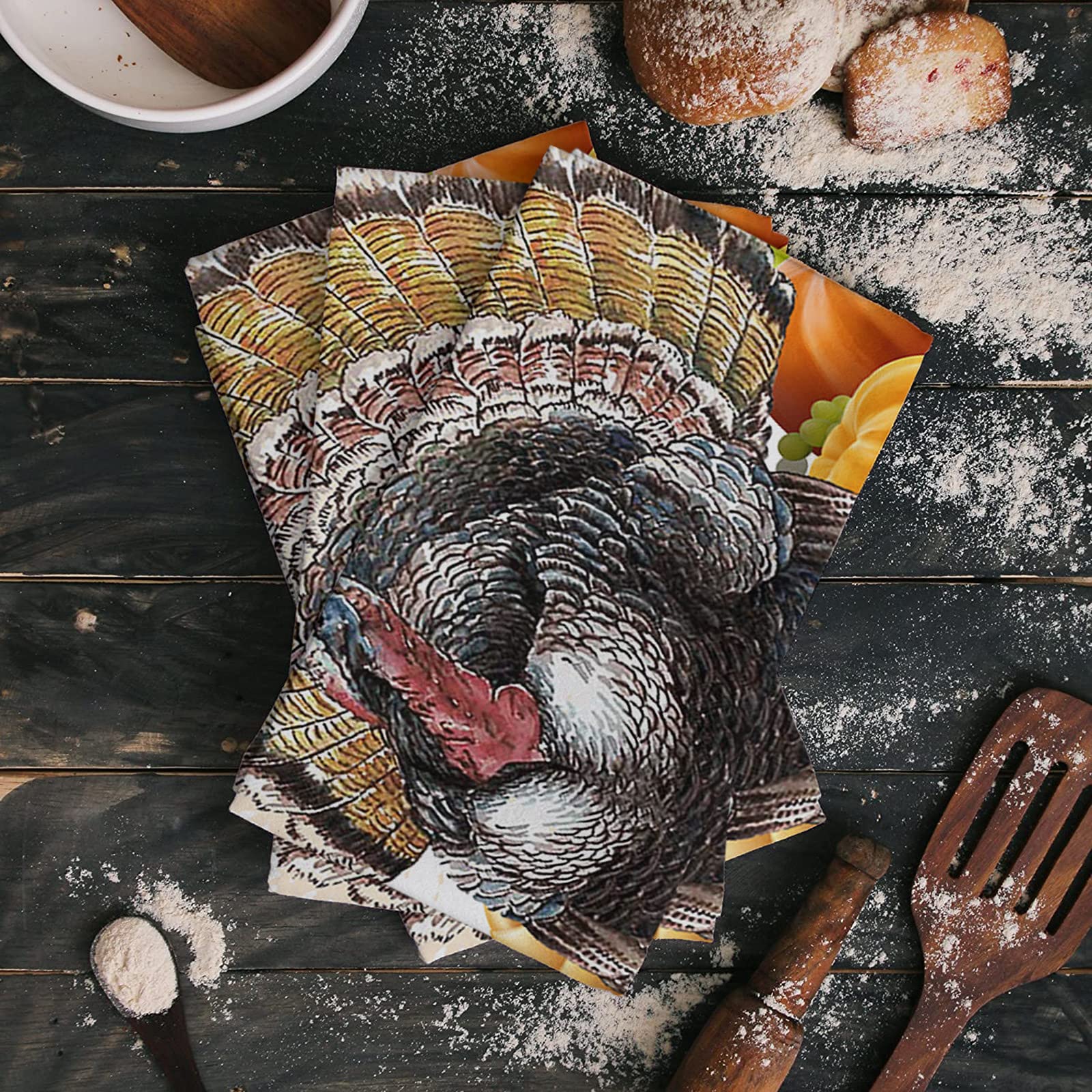 Premium Smile Sunflower Microfiber Kitchen Towels - Super Absorbent & Reusable Dish Cloths (Pack of 2, 18x28 Inch) - Thanksgiving Turkey & Fall Pumpkin Maple Leaves Design - Perfect for Drying Dishes, Cleaning Countertops & Holiday Decor