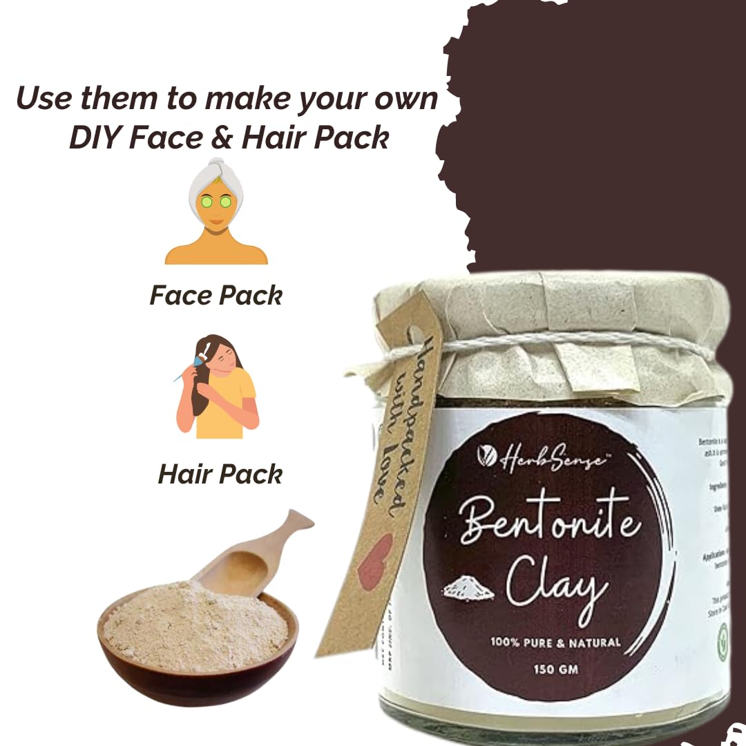 **Herbsense Bentonite Clay Mask - 150g Glass Jar, Oil Control, Anti-Acne, Detoxifying & Purifying for Skin & Hair | Deep Cleansing, Pore Minimizing, Natural Skincare & Hair Treatment for Daily Use**
