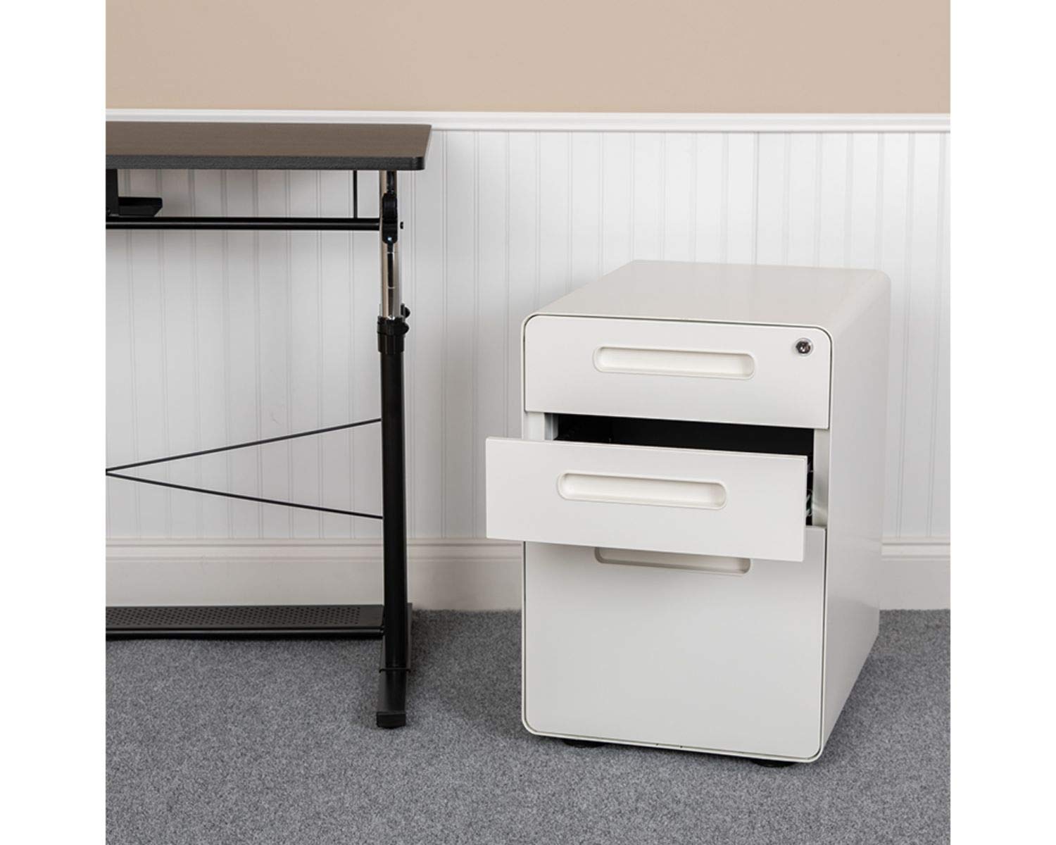 Flash Furniture Wren Ergonomic 3-Drawer Mobile Locking File Cabinet with Anti-Tilt Mechanism & Hanging Drawer - Legal & Letter Size Files, White - Perfect for Home Office, Law Firms & Corporate Workspaces