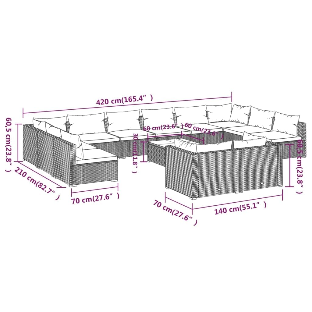 vidaXL 13-Piece Patio Lounge Set - Outdoor Garden Furniture, Brown Poly Rattan Sectional Sofa with Cushions for Backyard, Poolside & Terrace Relaxation