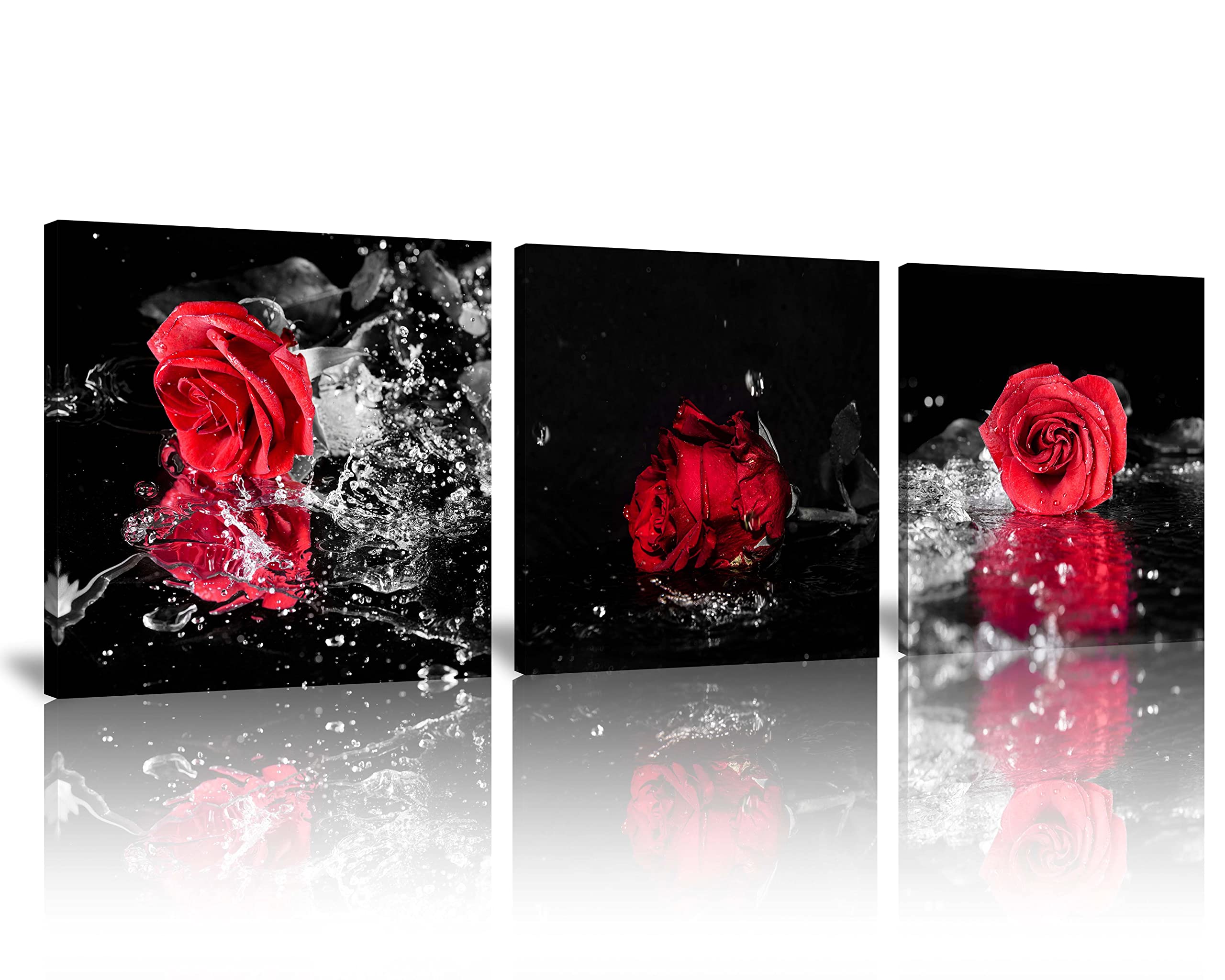 3-Piece Modern Black and White Red Rose Canvas Art Set - Water Droplet Floral Wall Decor, Framed Giclee Painting for Living Room, Bedroom & Office