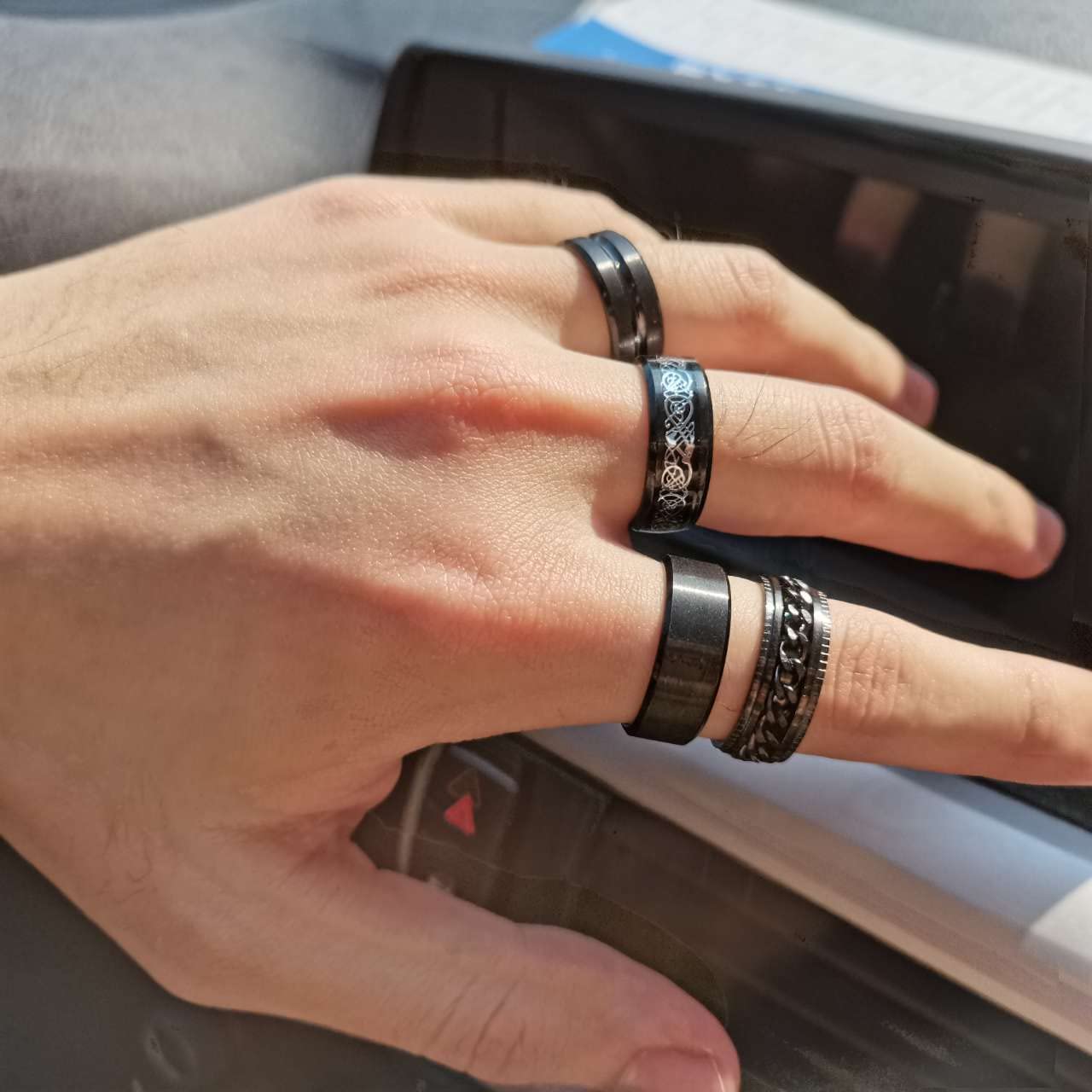 16Pcs Stainless Steel Spinner Rings for Men & Women - Anxiety Relief Fidget Rings with Beveled Edges, Celtic Black Band Wedding Promise Rings Set - Perfect for Stress Relief, Gift Giving and Everyday Wear