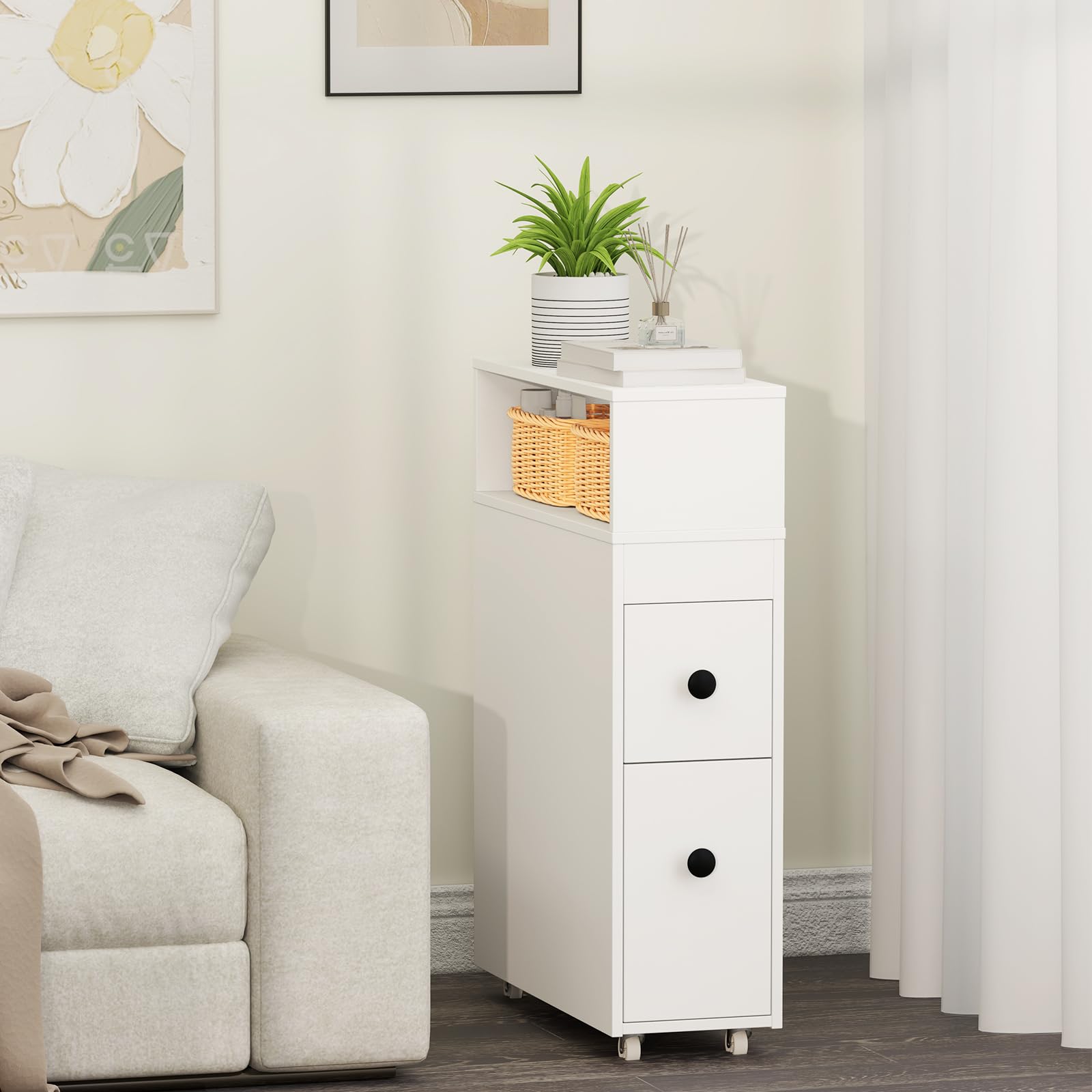 Giantex Slim Bathroom Storage Cabinet with Wheels - 2 Drawers, 2 Baskets & Brush Holder - Over The Toilet Organizer for Small Spaces - Perfect for Narrow Corners, Apartments & Tiny Bathrooms