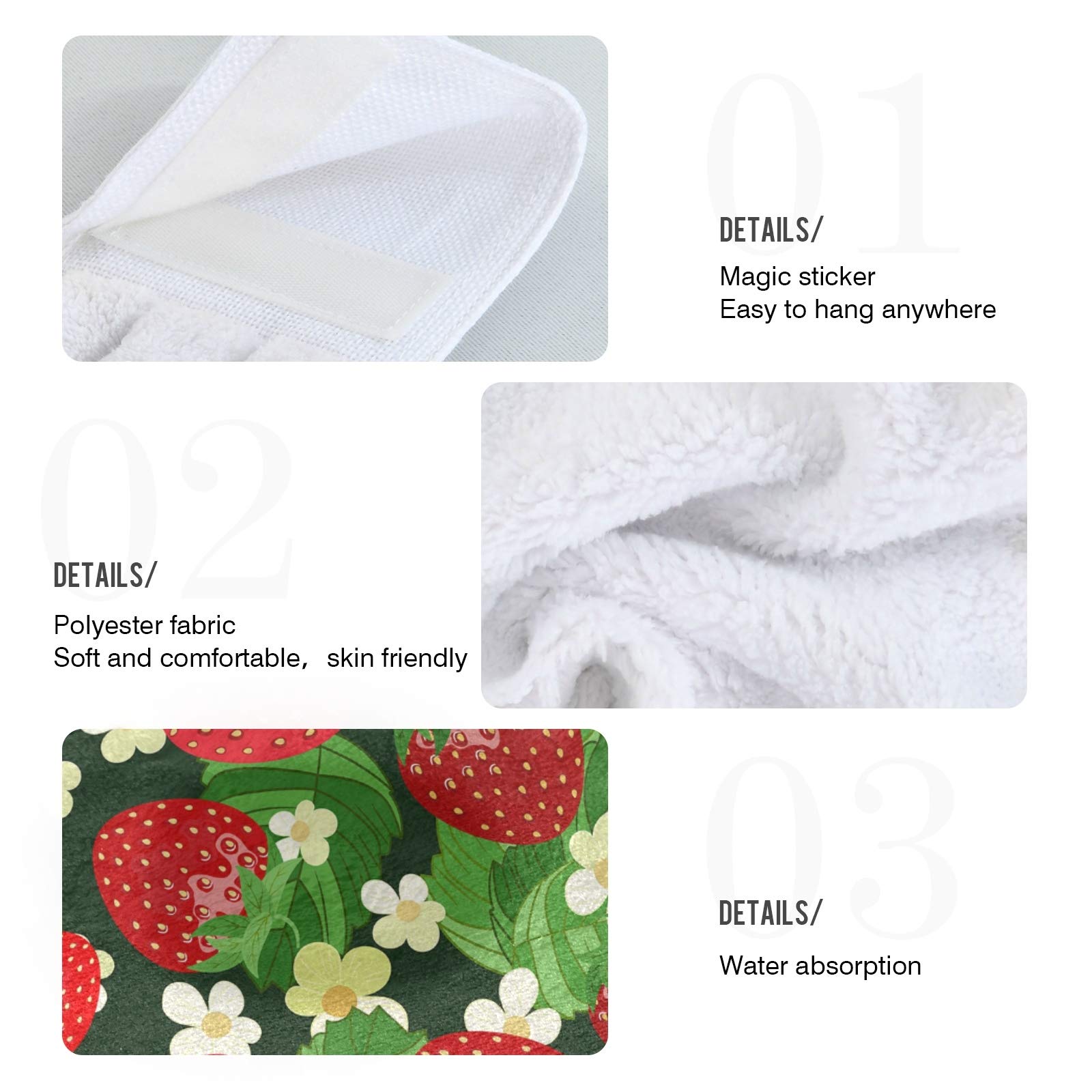 Red Strawberry White Flowers Green Leaves 2-Piece Hanging Kitchen Hand Towel Set with Hook & Loop - Absorbent Washcloths & Dishcloths for Tea Bar, Bath, and Decorative Kitchen Use