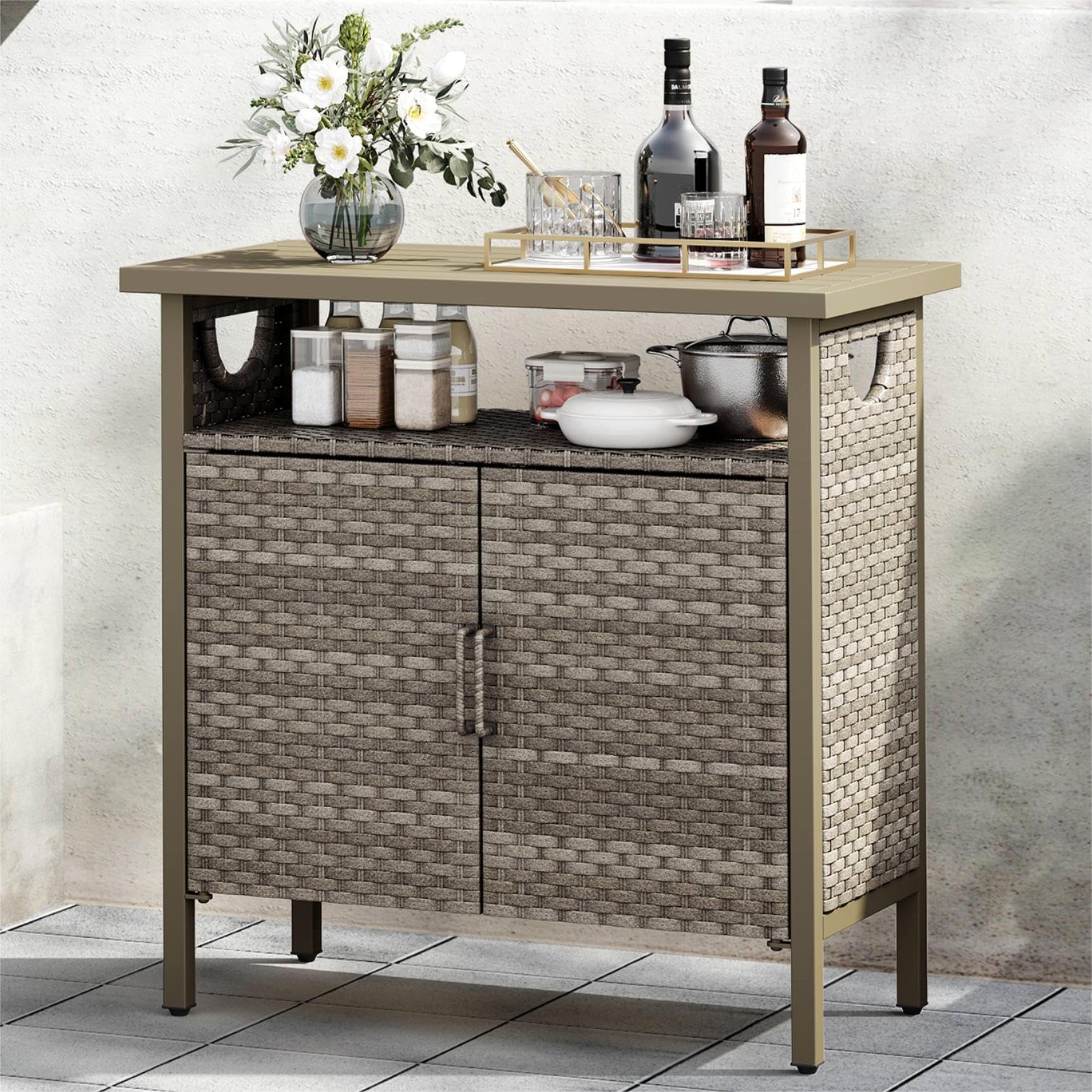 YITAHOME Outdoor Storage Cabinet with Cushion Bench - Weather-Resistant Wicker Patio Deck Storage Table for Pool Tools, Garden Supplies & Outdoor Accessories - Perfect for Backyard, Deck, and Poolside Organization (Brown)