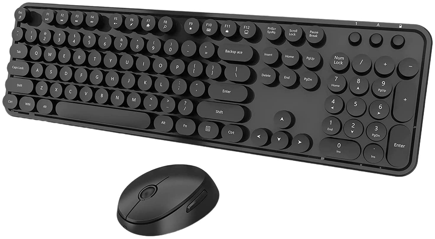 Wireless Keyboard and Mouse Combo - 104 Key Full Size Retro Typewriter Style Keyboard with Round Keycaps for PC, Laptop, Desktop - Compatible with Windows - Perfect for Home Office, Gaming & Typing (Black)