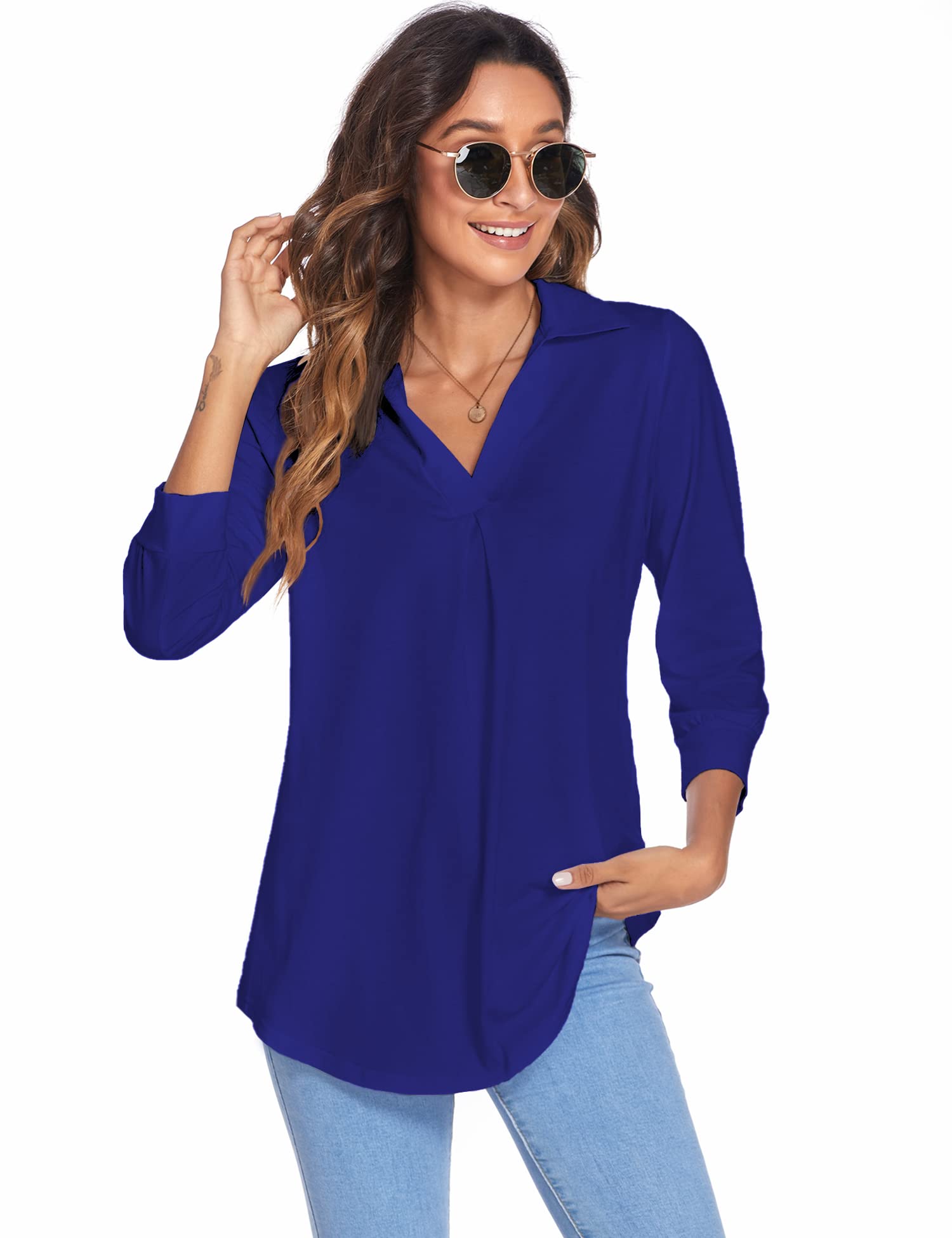 Newchoice Women's Collared V-Neck 3/4 Sleeve Blouse - Business Casual Tops for Office Work, Loose Fit Comfort Shirts Sizes S-3XL - Perfect for Workwear, Business Meetings & Professional Outfits