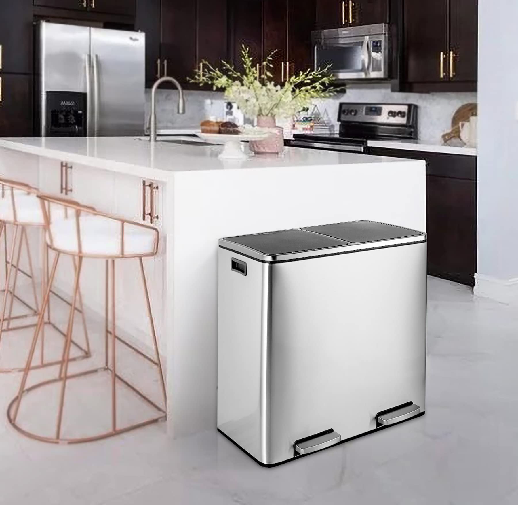 Heim Concept 60L Stainless Steel Trash Can with Lid - Silver | Large Kitchen & Office Garbage Bin for Home, Restaurant & Commercial Use