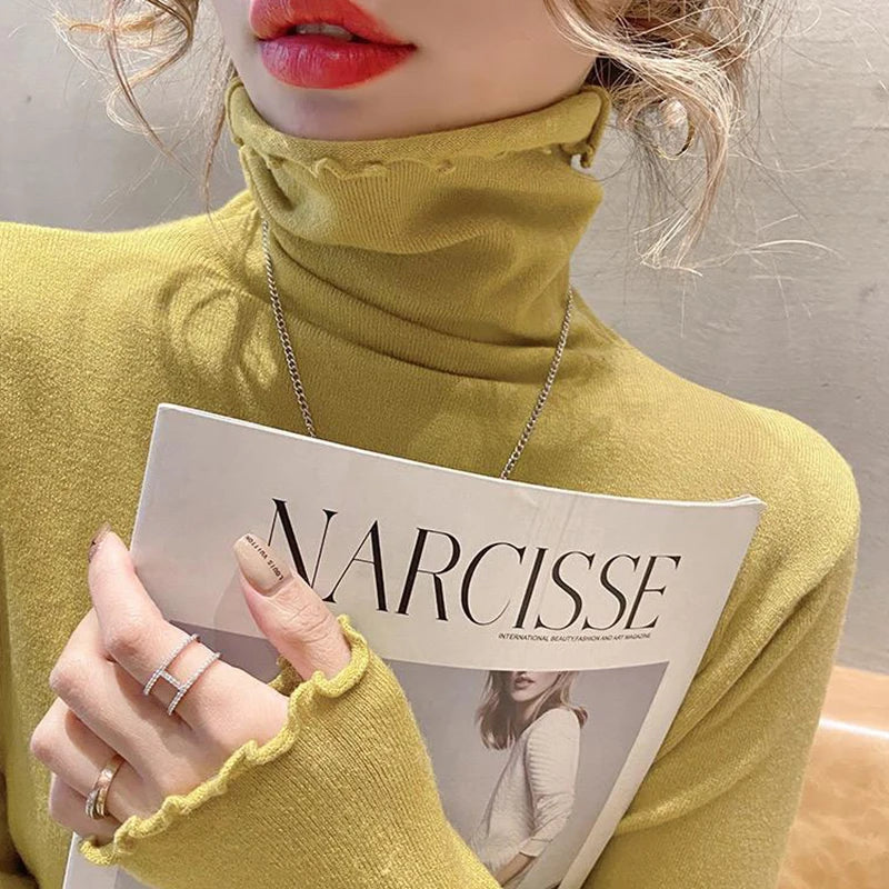 Fold Turtleneck High Elastic Solid Color Sweater - Women's Stretchy Knit Pullover for Winter Warmth - Perfect for Office Wear & Casual Outfits