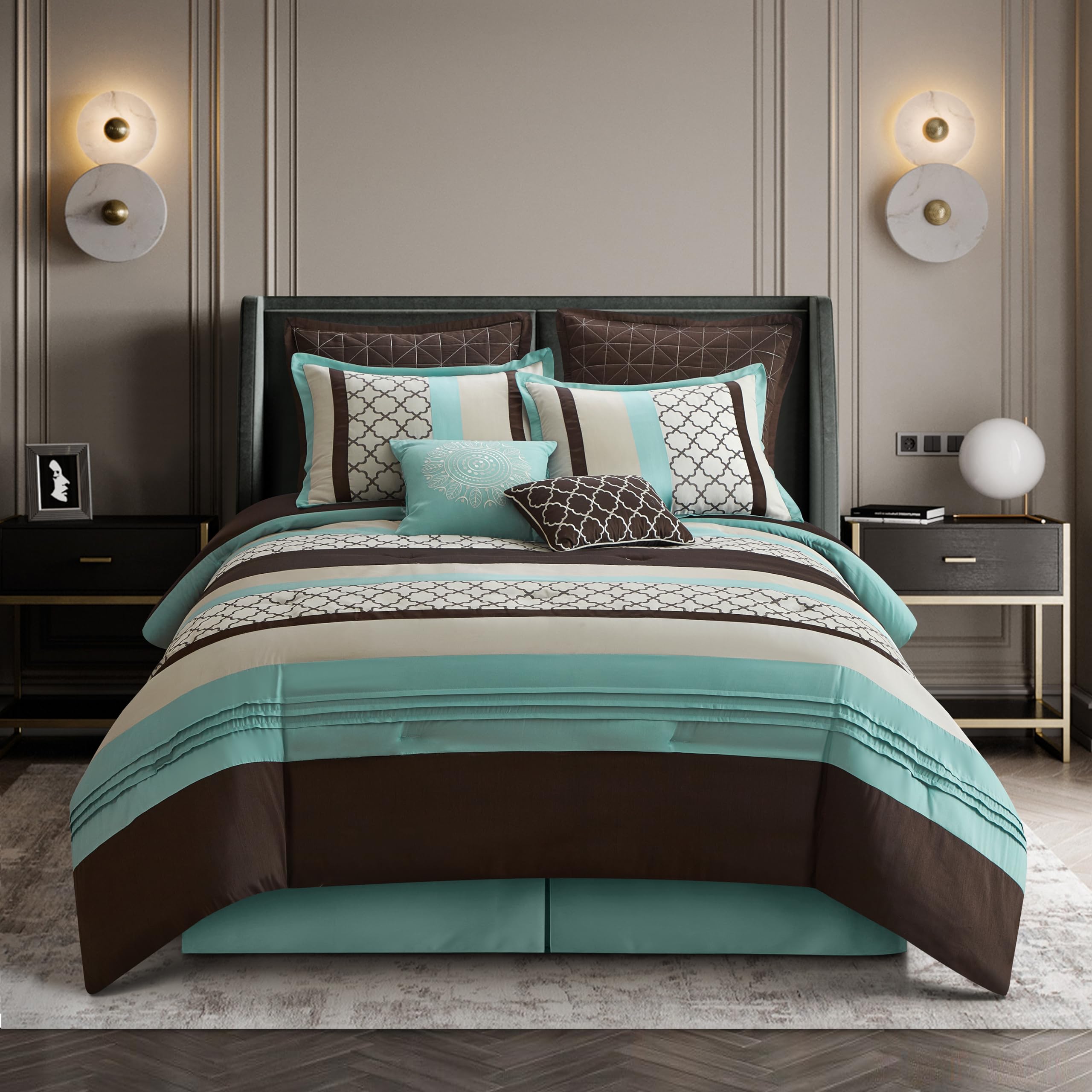 Stratford Park 8-Piece Queen Size Comforter Set - Striped Pintuck Design in Aqua Brown | Includes Matching Bedskirt, Pillows & Shams | Perfect for Master Bedroom, Guest Room & Vacation Homes