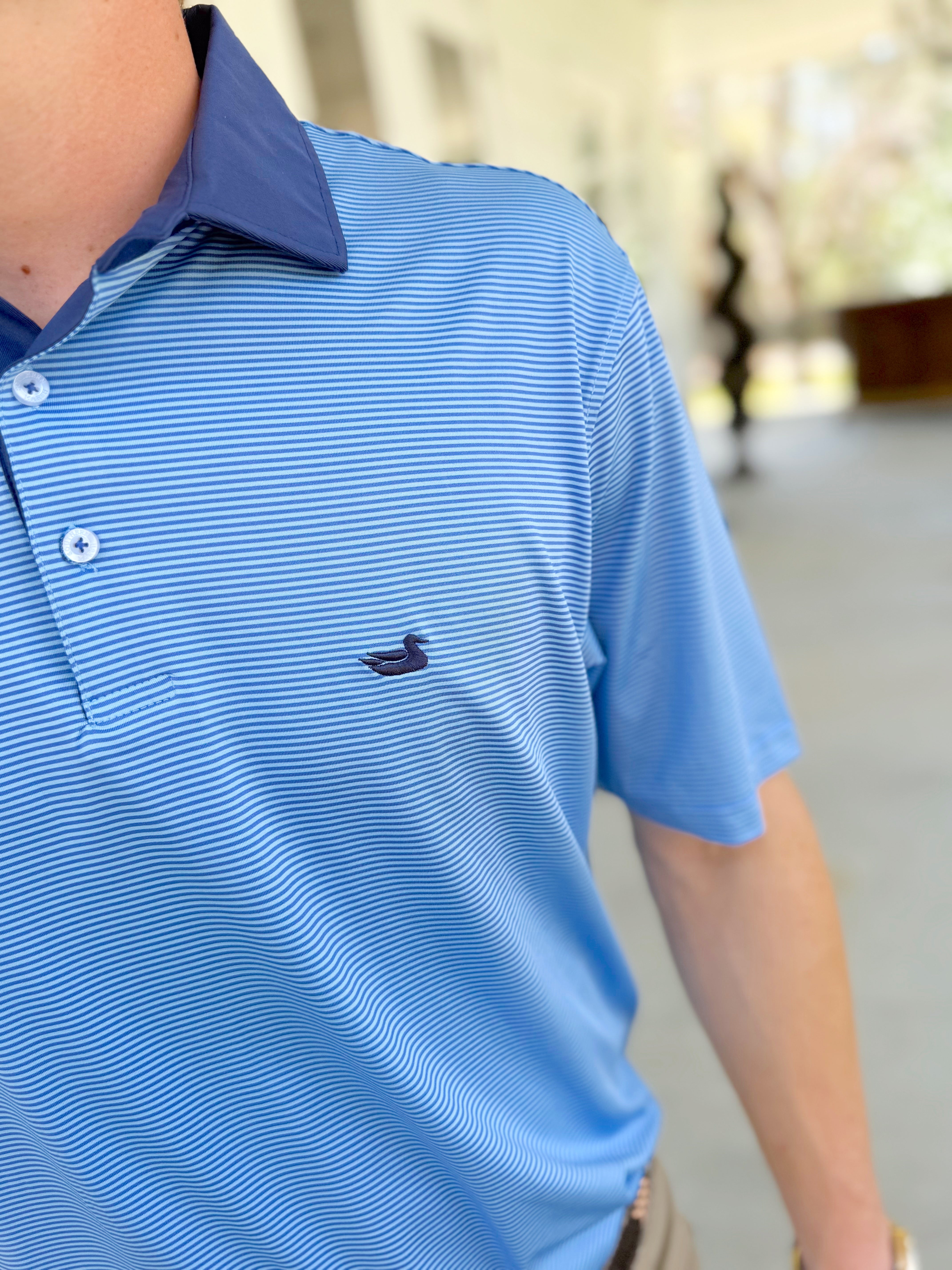 Southern Marsh Men's Dark Bluebonnet & Blue Hampton Stripe Bermuda Performance Polo Shirt - Moisture-Wicking, Breathable for Golf, Tennis & Casual Wear