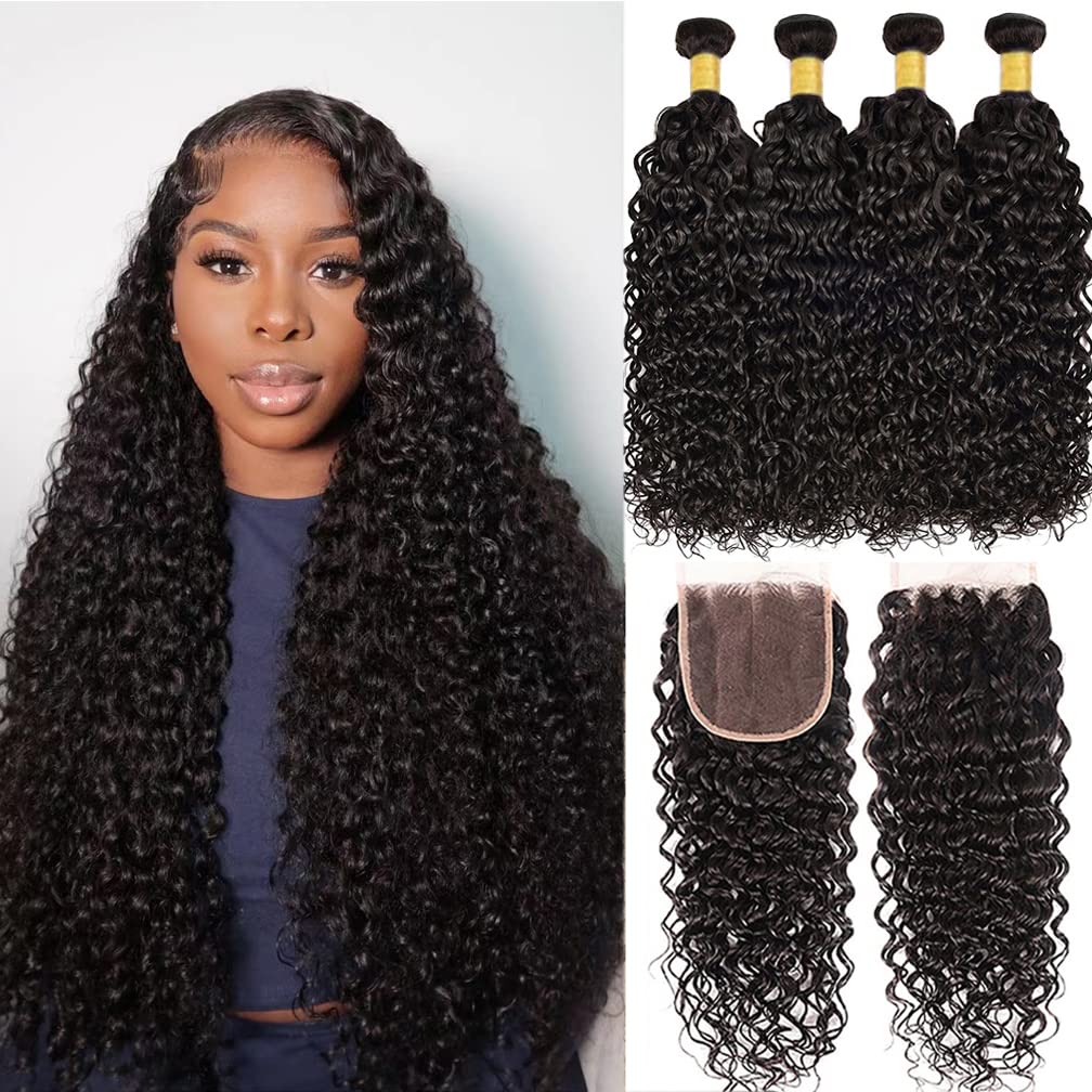 Borchan 4 Bundles Water Wave Human Hair Extensions with 4x4 Lace Closure - 14 16 18 20+12 Inch Wet & Wavy Curly Bundles (Pre-Plucked Baby Hair, Natural Black) for Women's Styling, Party & Daily Wear