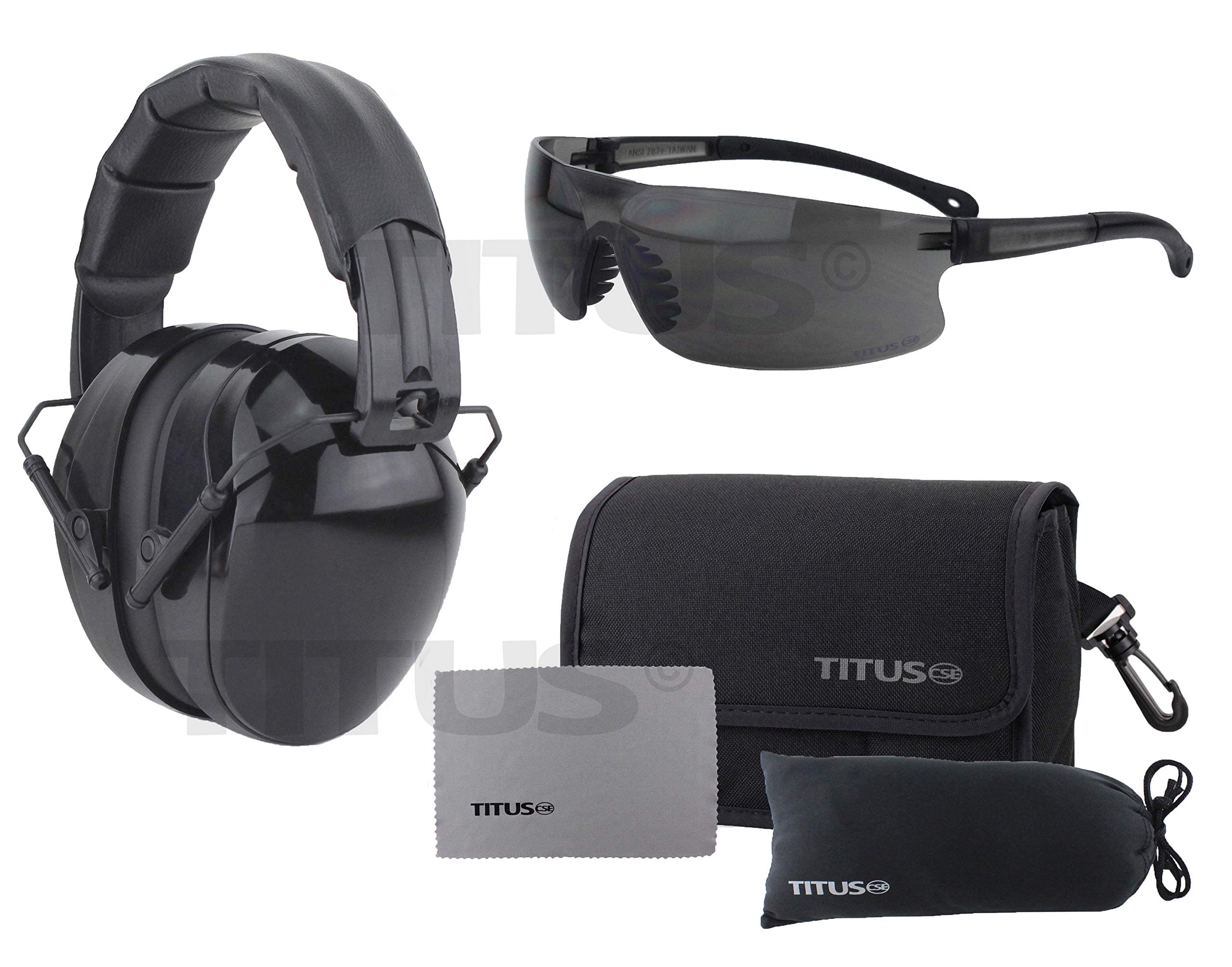 TITUS Triple Black B4 32 NRR Noise Reduction Ear Muffs with Safety Glasses - Hearing Protection for Shooting, Construction & Outdoor Sports