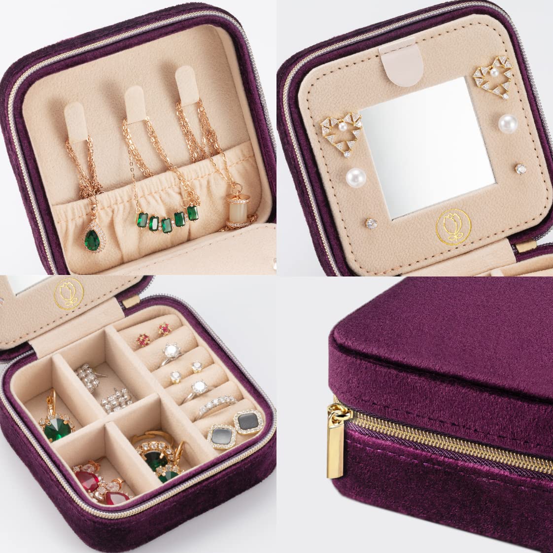 Luxury Velvet Jewelry Travel Case for Women - Compact Jewelry Organizer with Mirror, Earring Storage & Travel Jewelry Box - Perfect for Vacations, Business Trips & Daily Use - Purple