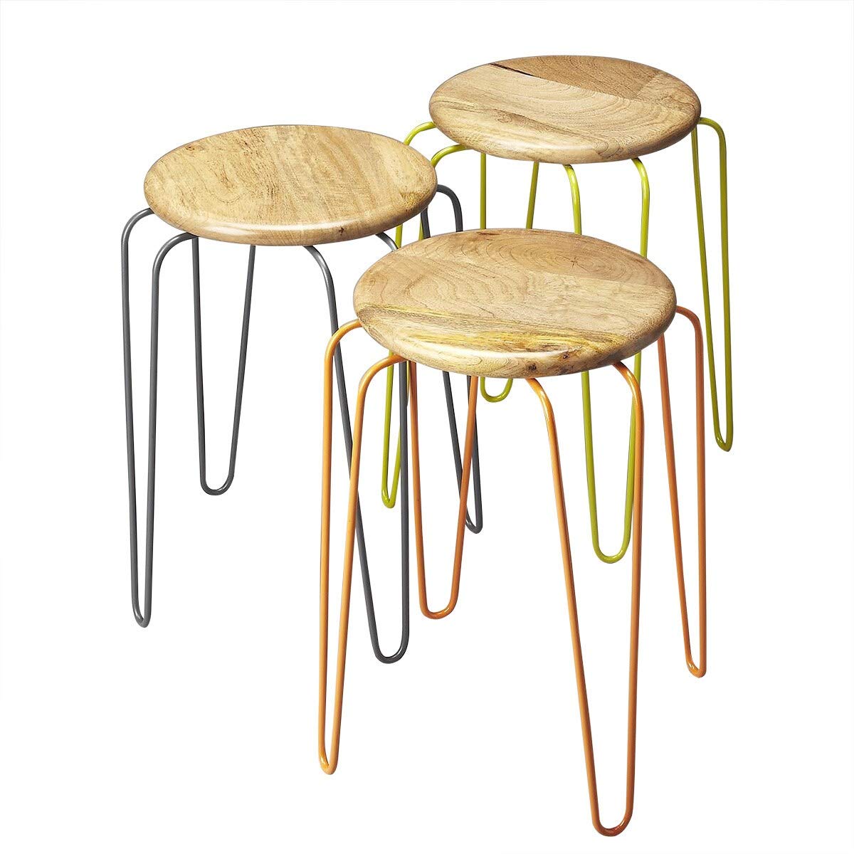 Handmade Wood and Iron Stackable Stool - Rustic Transitional Stool for Kitchen, Bar & Outdoor Use - Handcrafted in India - Durable & Space-Saving Design