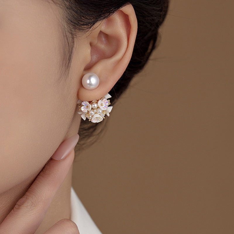 Elegant Pearl Flower Front Back Ear Jacket Earrings for Women | Dainty Pearl Stud Ear Cuff Jewelry | Perfect for Weddings, Parties & Everyday Wear (HE6351)