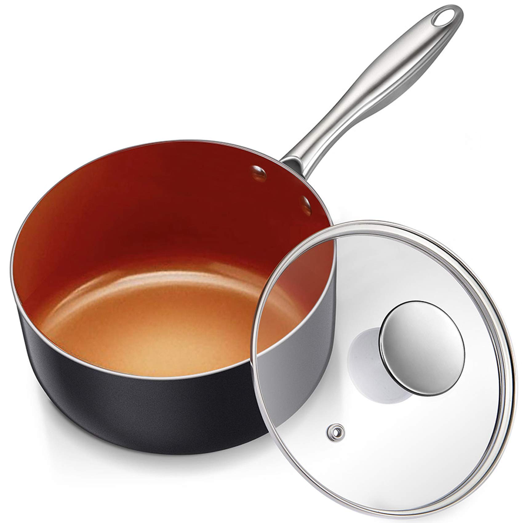 MICHELANGELO 2 Quart Nonstick Sauce Pan with Lid - Ultra Nonstick Copper Ceramic Saucepot (2 Qt) | Ergonomic Handle, Induction & Oven Safe | Perfect for Cooking Sauces, Soups & Small Meals
