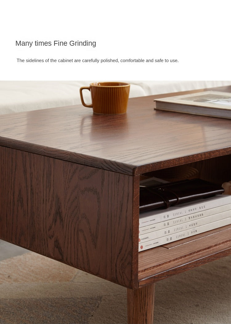 Solid Oak Wood Two-Drawer Coffee Table - Walnut Finish | Rustic Living Room Furniture for Home Decor & Storage