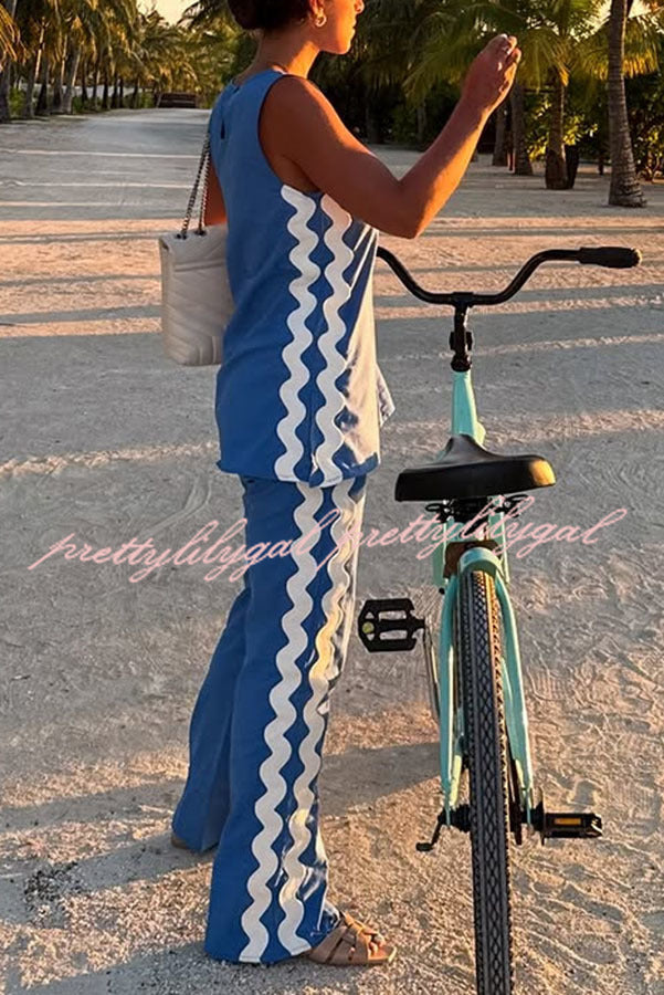 Tash Linen Blend Ric Rac Wave Trim Tank Top & Elastic Waist Pocket Flare Pants Set | Women's Casual Summer Outfit for Beach, Vacation & Boho Style