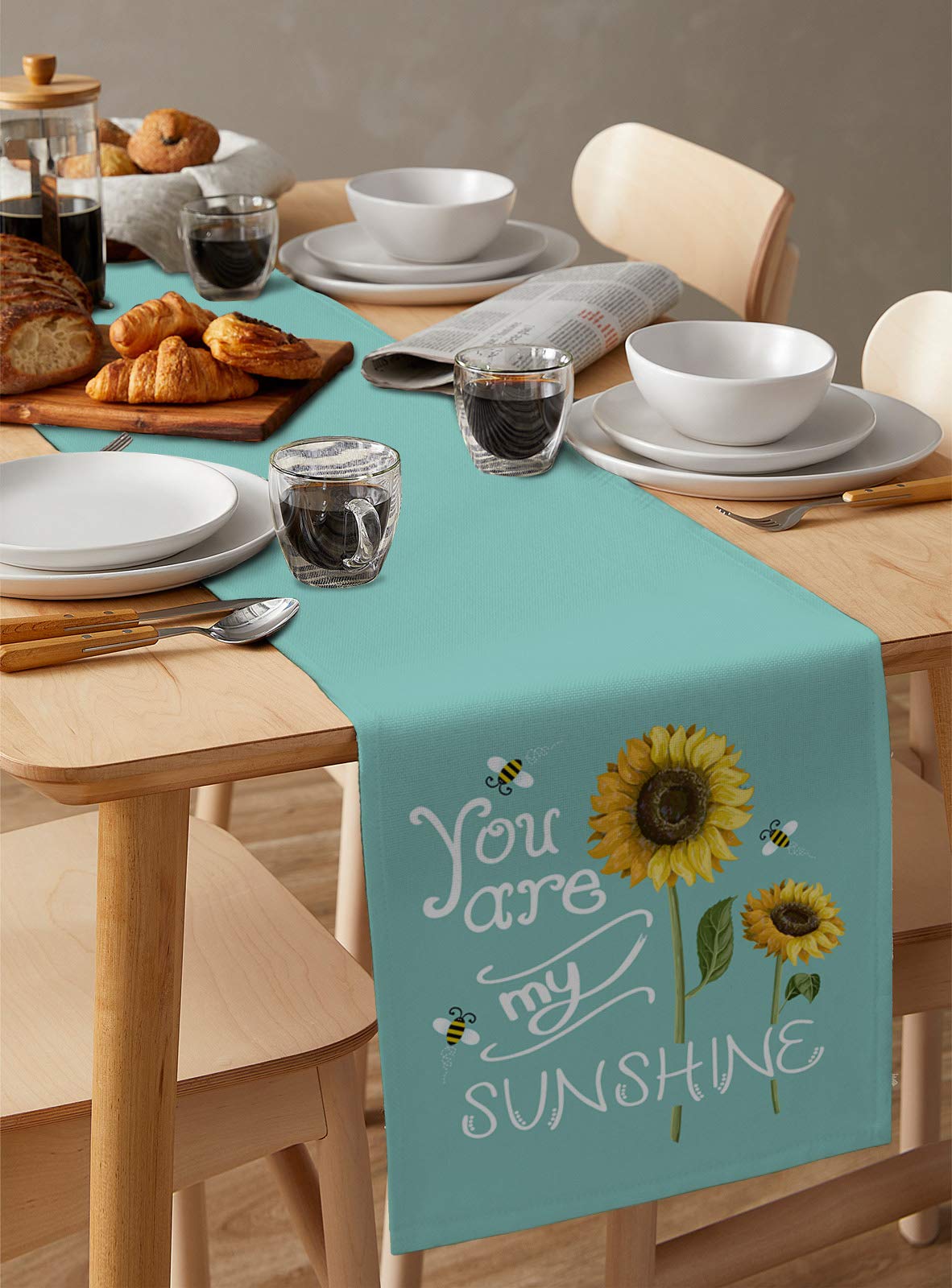 70 Inch Yellow Sunflower Table Runner - Teal Green Summer Tablecloth for Round, Kitchen, Coffee & Dining Tables - Perfect for Living Room Decor & Sunshine-Themed Gatherings