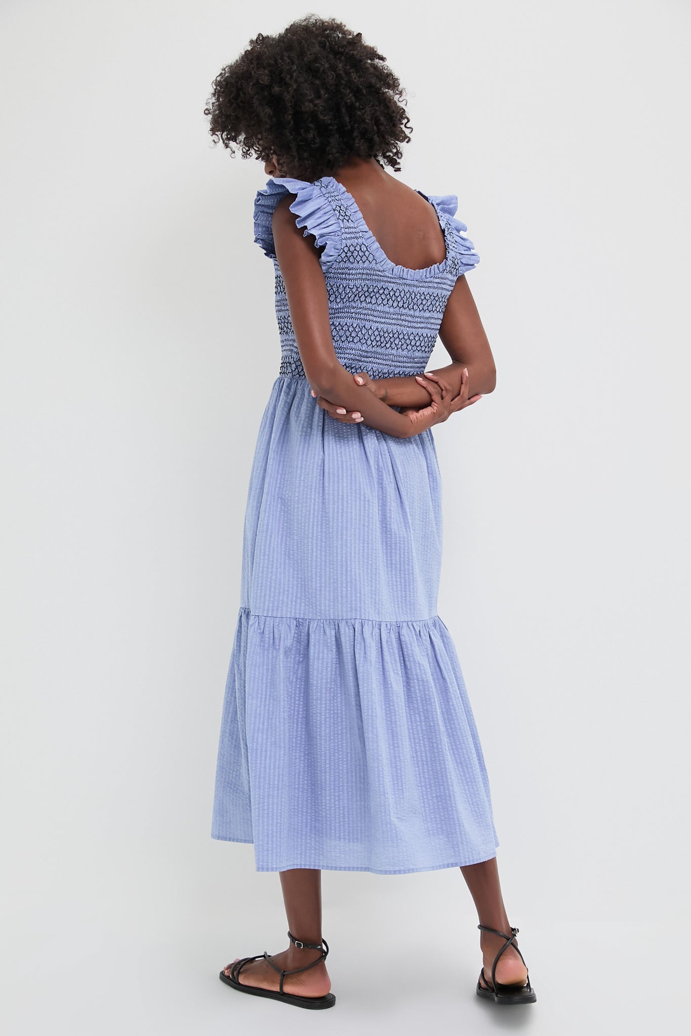 Blue Seersucker Smocked Maxine Dress for Women - Summer Casual & Beach Wear - Perfect for Outdoor Parties, Vacations and Date Nights