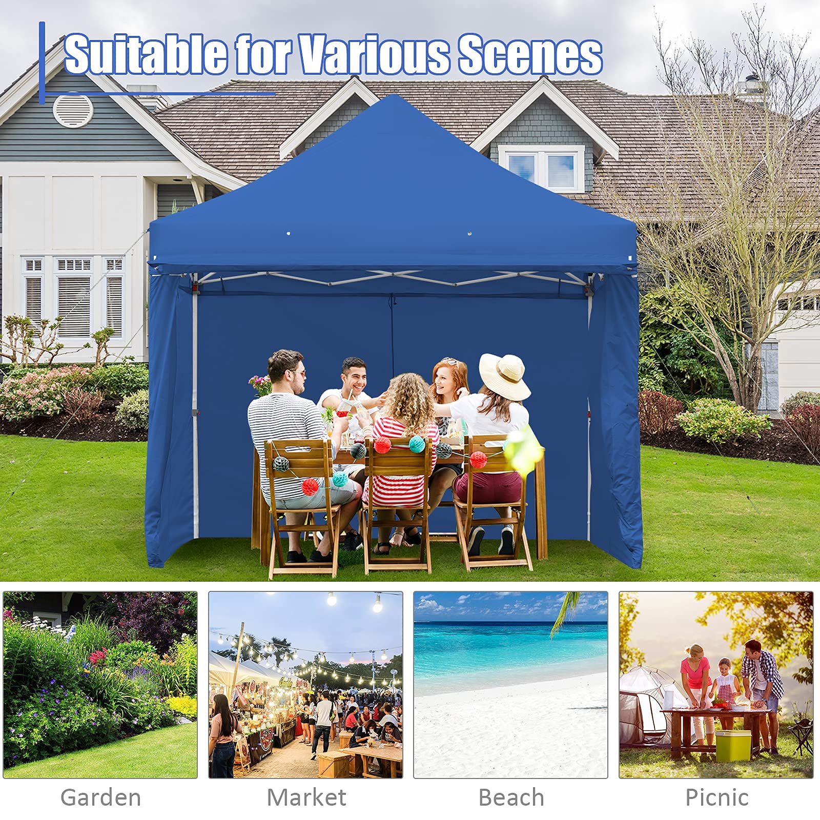 Tangkula 10x10ft Pop Up Canopy Tent - Commercial Instant Shelter with 5 Removable Zippered Sidewalls & Extended Awning - Portable Market Canopy Includes 4 Sand Bags, 8 Stakes, 4 Ropes & Carry Bag - Perfect for Outdoor Events, Farmers Markets, Camping & Beach Parties