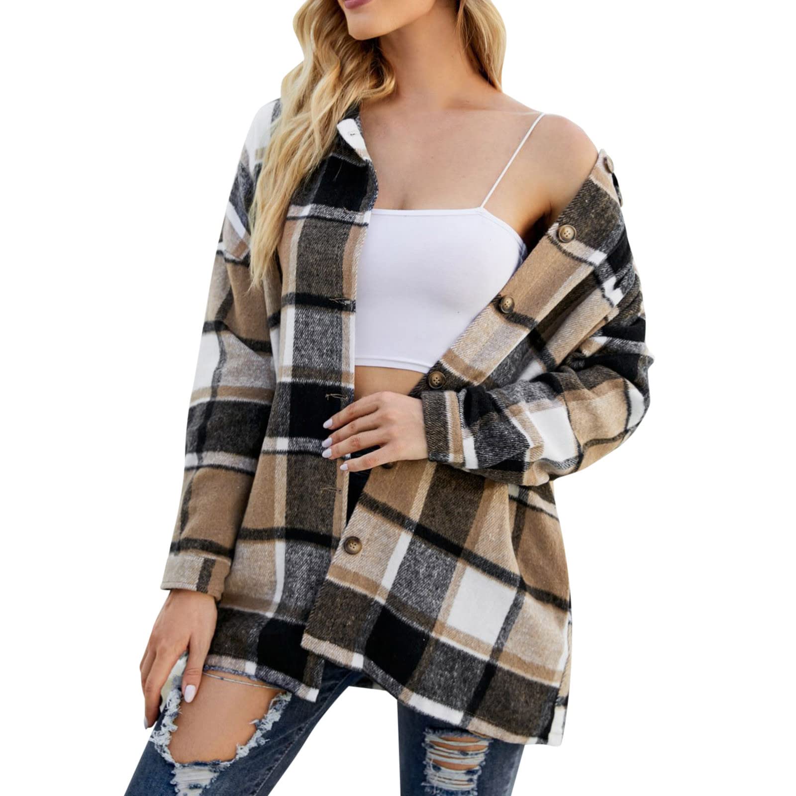 Women's Fashion Puff Vest & Lapel Loose Blouse - Thick Plaid Printed Long Sleeve Casual Jacket for Outdoor Activities, Work & Daily Wear