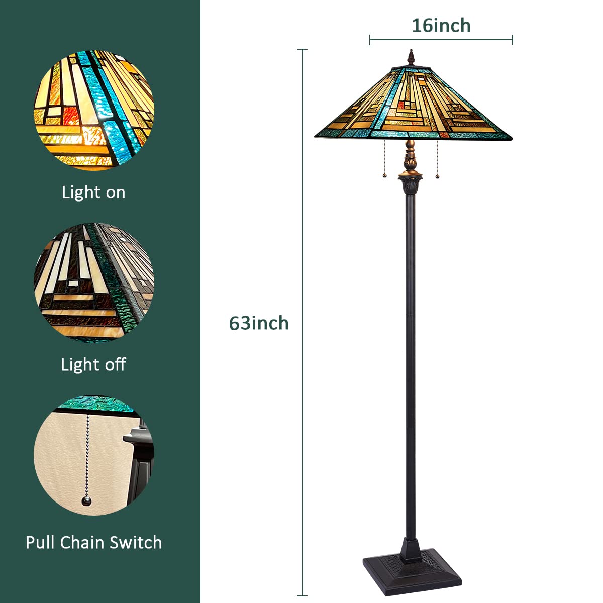Tiffany Style Floor Lamp with Green Stained Glass - 16