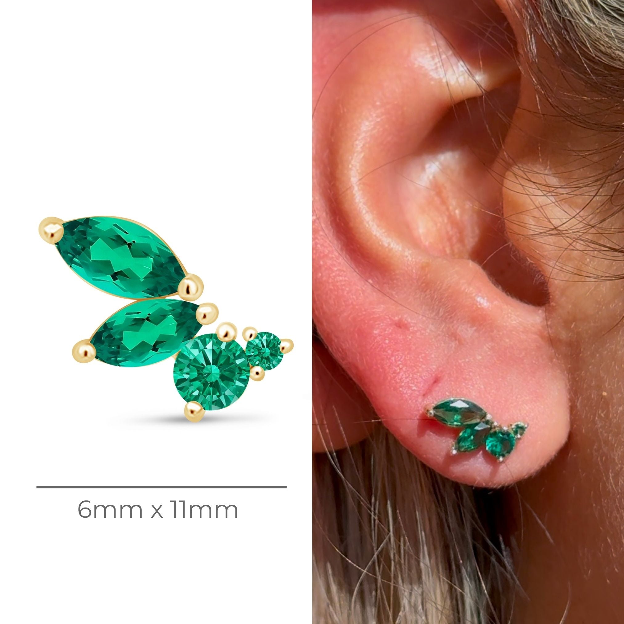 14K Yellow Gold Marquise Green Emerald Stud Earrings – Dainty Wing Flat Back Design for Women, Perfect for Weddings, Parties & Everyday Wear