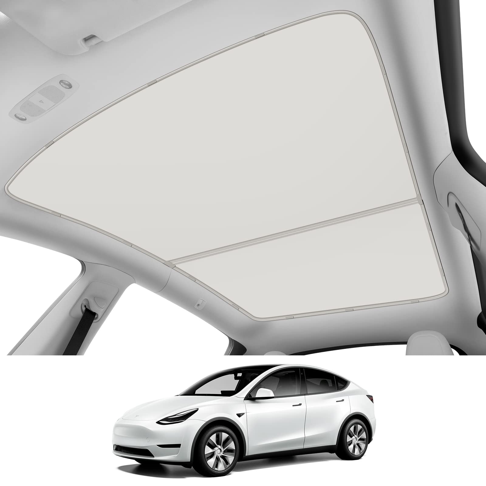 Premium Tesla Model Y Sunroof Shade 2021-2025 - Upgraded Non-Sag Roof Sunshade Accessories (Ice White) | UV Protection & Heat Reduction for Summer Driving & Road Trips