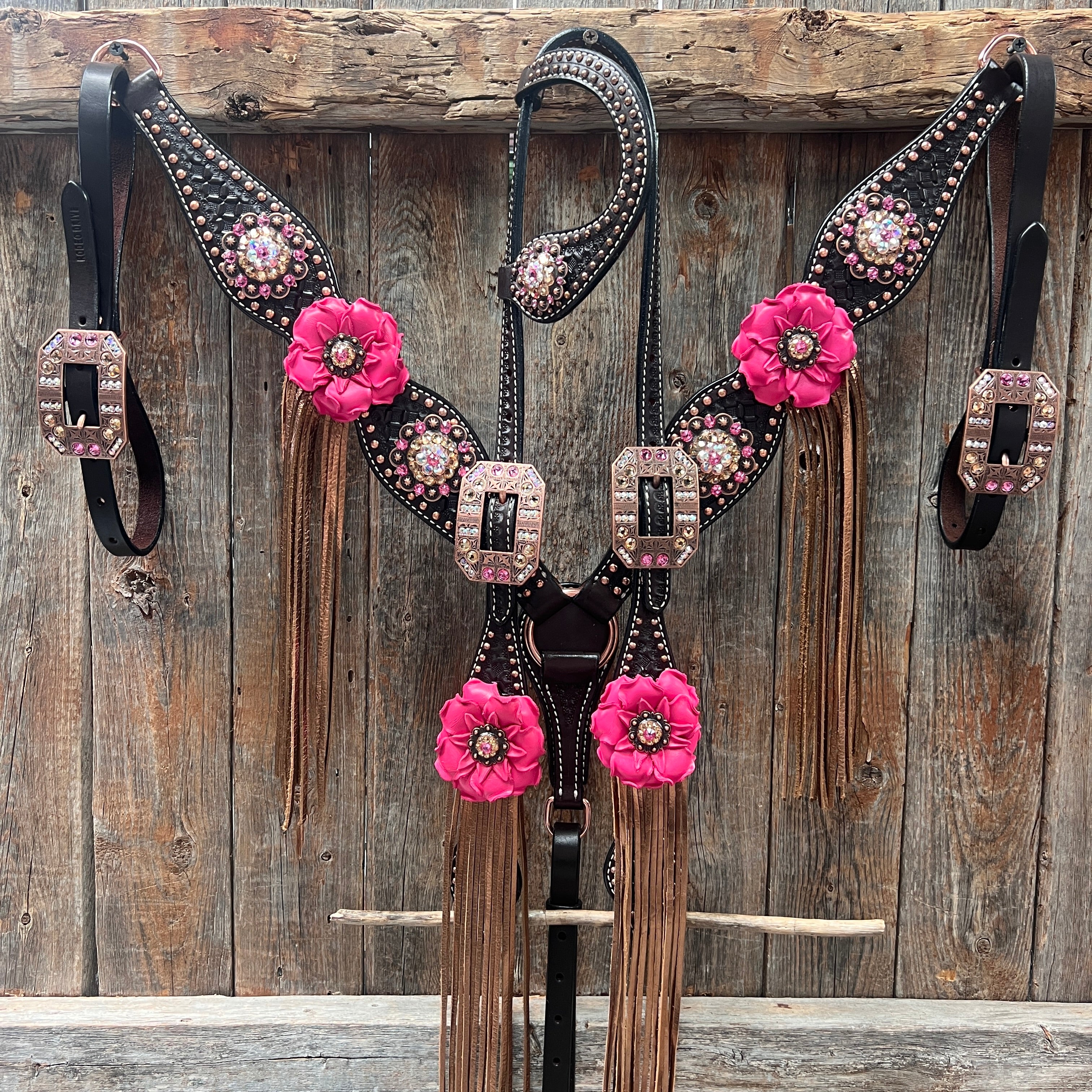 Premium Dark Oil Honeycomb Copper Dot Browband & Breastcollar Tack Set - Elegant Copper Pink & Champagne Equestrian Gear for Dressage & Show Jumping | BBBC614