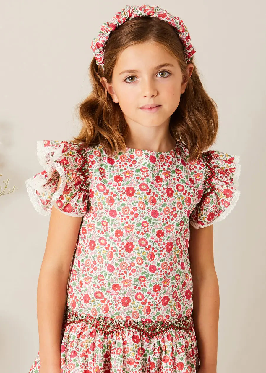 Margot Floral Sleeveless Hand-Smocked Girls Dress in Red - Liberty Fabric (Ages 4-12 Years) | Perfect for Summer Parties, Weddings & Special Occasions