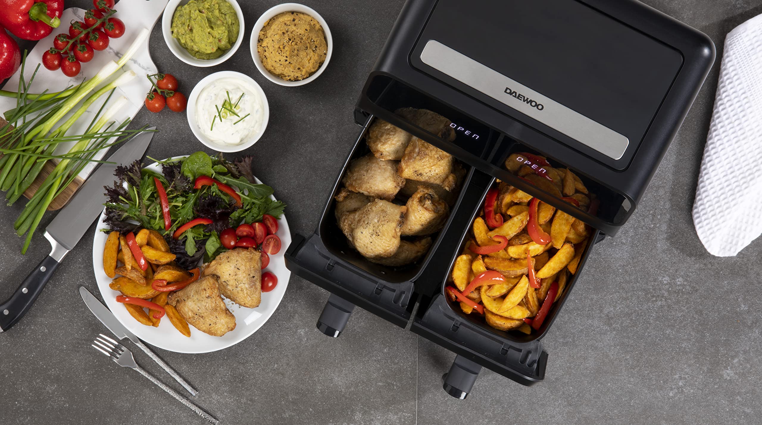 Daewoo 8L Digital Air Fryer with Dual Drawers & Sync Function - Healthy Oil-Free Cooking for Baking, Roasting, Dehydrating - 60-Min Timer - Perfect for Family Meals & Party Snacks