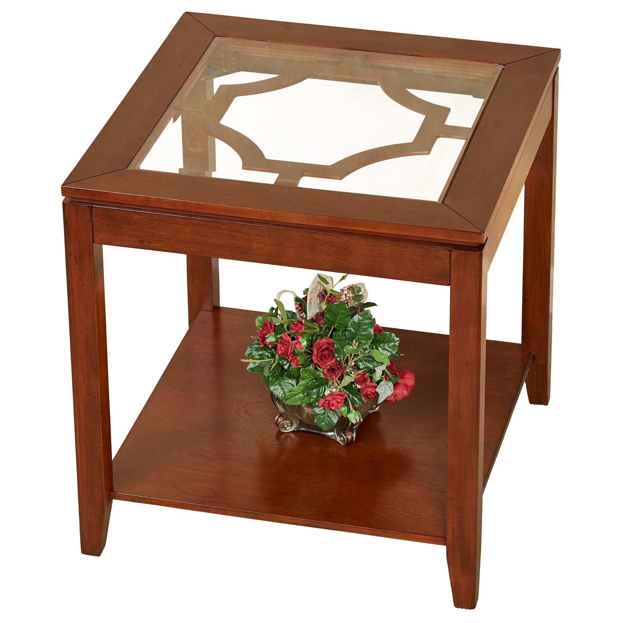Touch of Class Calderon Wooden Side Table with Glass Top - Natural Cherry Finish - Accent Table for Bedroom, Living Room, Office, Man Cave, Hallway, Entryway - Perfect for Coffee Table, Nightstand, or Decorative Display